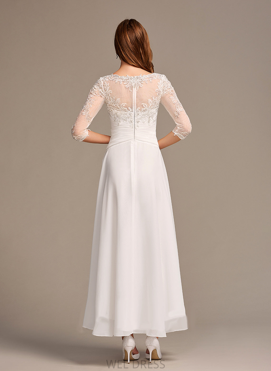 Lace Wedding Asymmetrical Dress Wedding Dresses Illusion A-Line Chiffon Lilia With