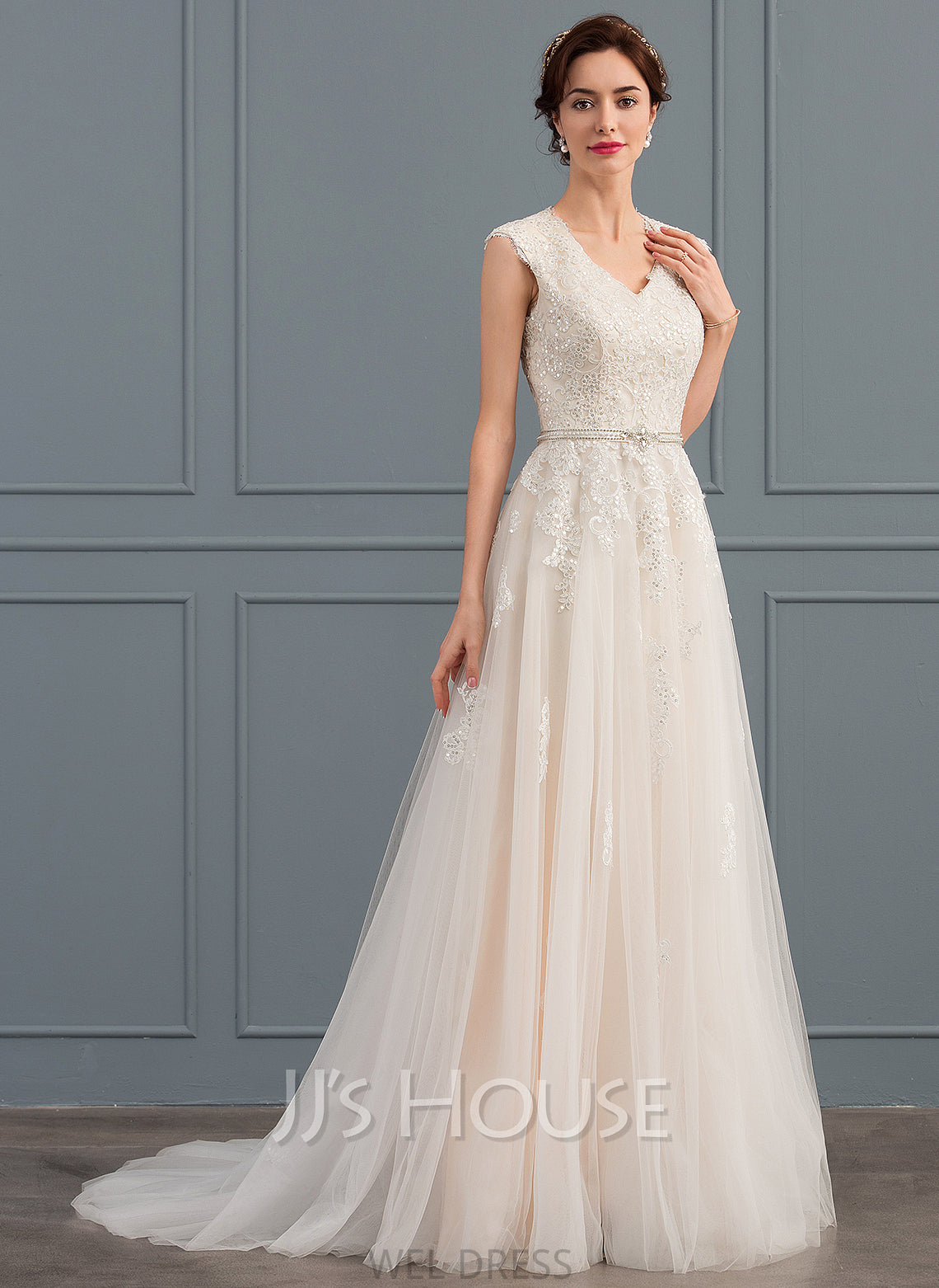 Sequins Tulle Bow(s) Wedding Dresses V-neck Audrina Wedding With Sweep Beading Train Dress A-Line