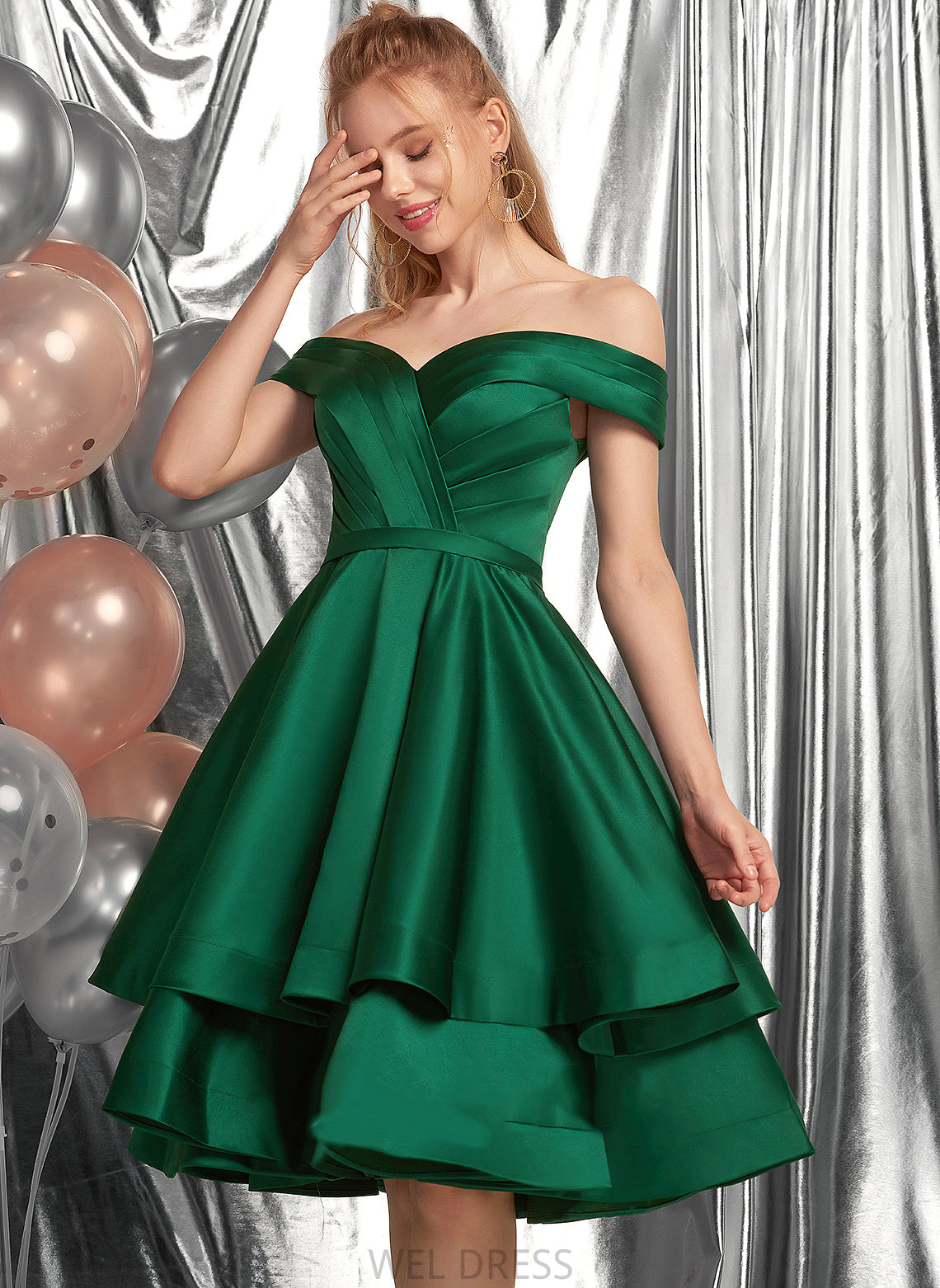 With Homecoming Dresses Knee-Length Ruffle Aubrey Satin Dress Homecoming A-Line Off-the-Shoulder