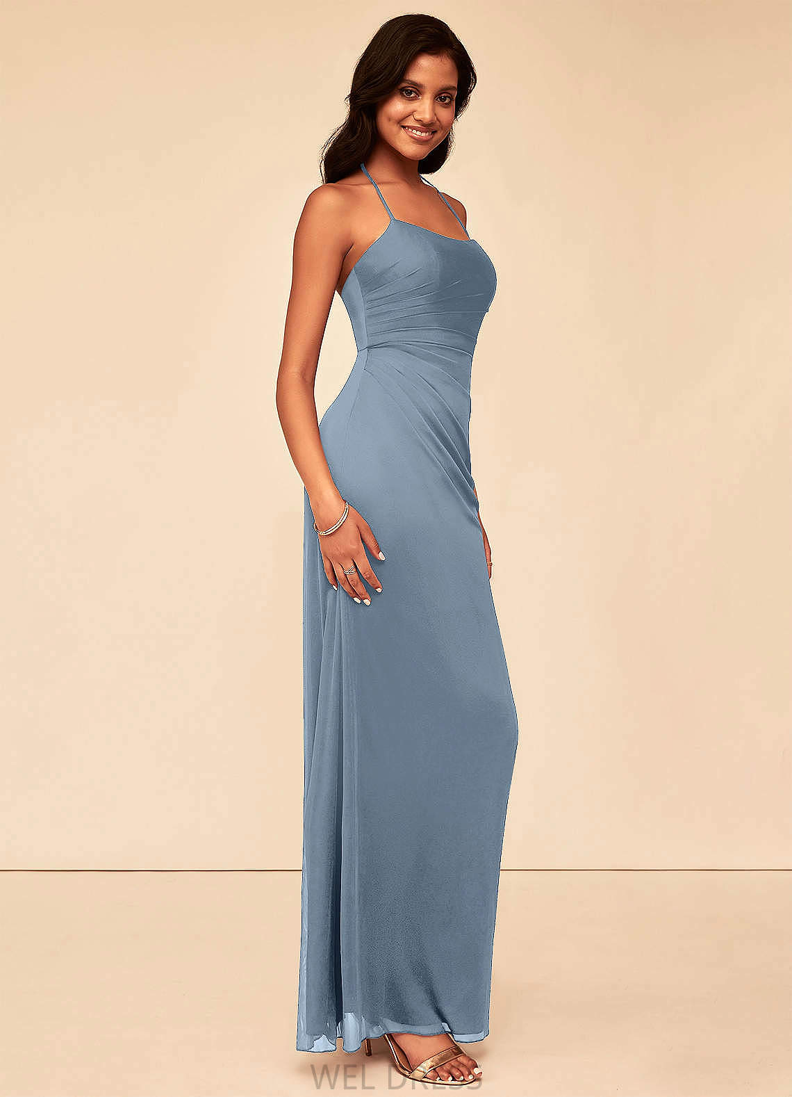 Holly Natural Waist V-Neck Floor Length Sequins Sleeveless Sheath/Column Bridesmaid Dresses