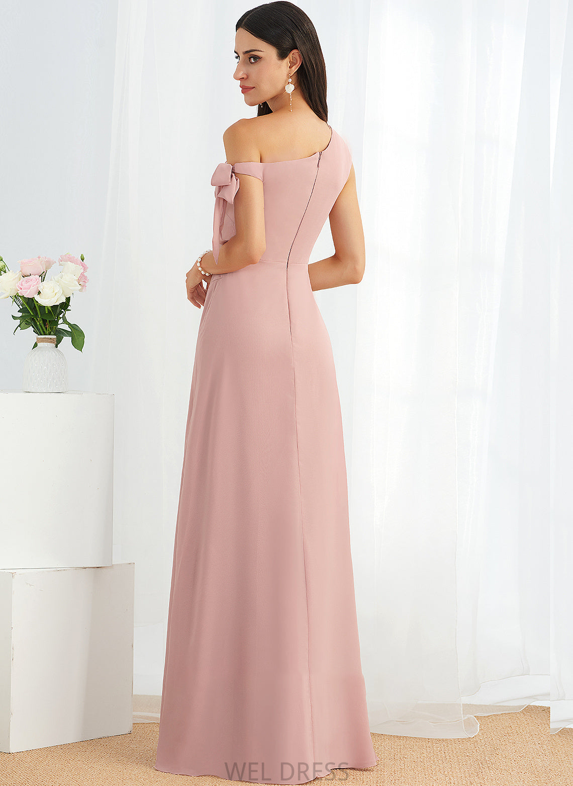 Silhouette Neckline One-Shoulder Floor-Length Bow(s) A-Line Embellishment Length Fabric Judith Natural Waist A-Line/Princess