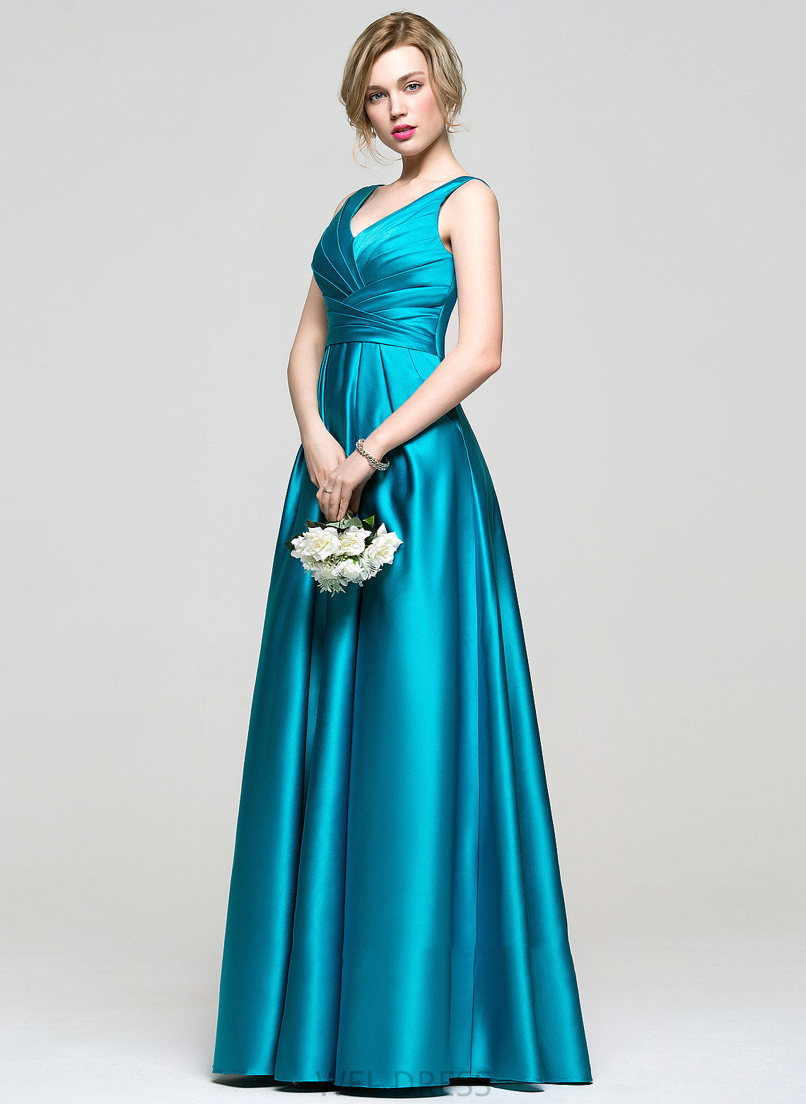 Ball-Gown/Princess Pockets Ruffle Samara Satin V-neck With Prom Dresses Floor-Length