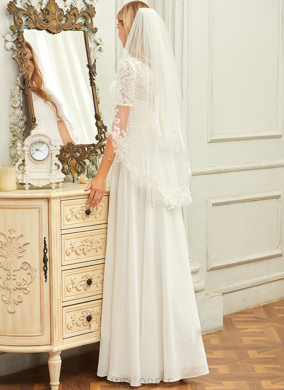 Lace Neck Wedding Dresses Eileen Scoop Floor-Length Wedding A-Line Chiffon Dress