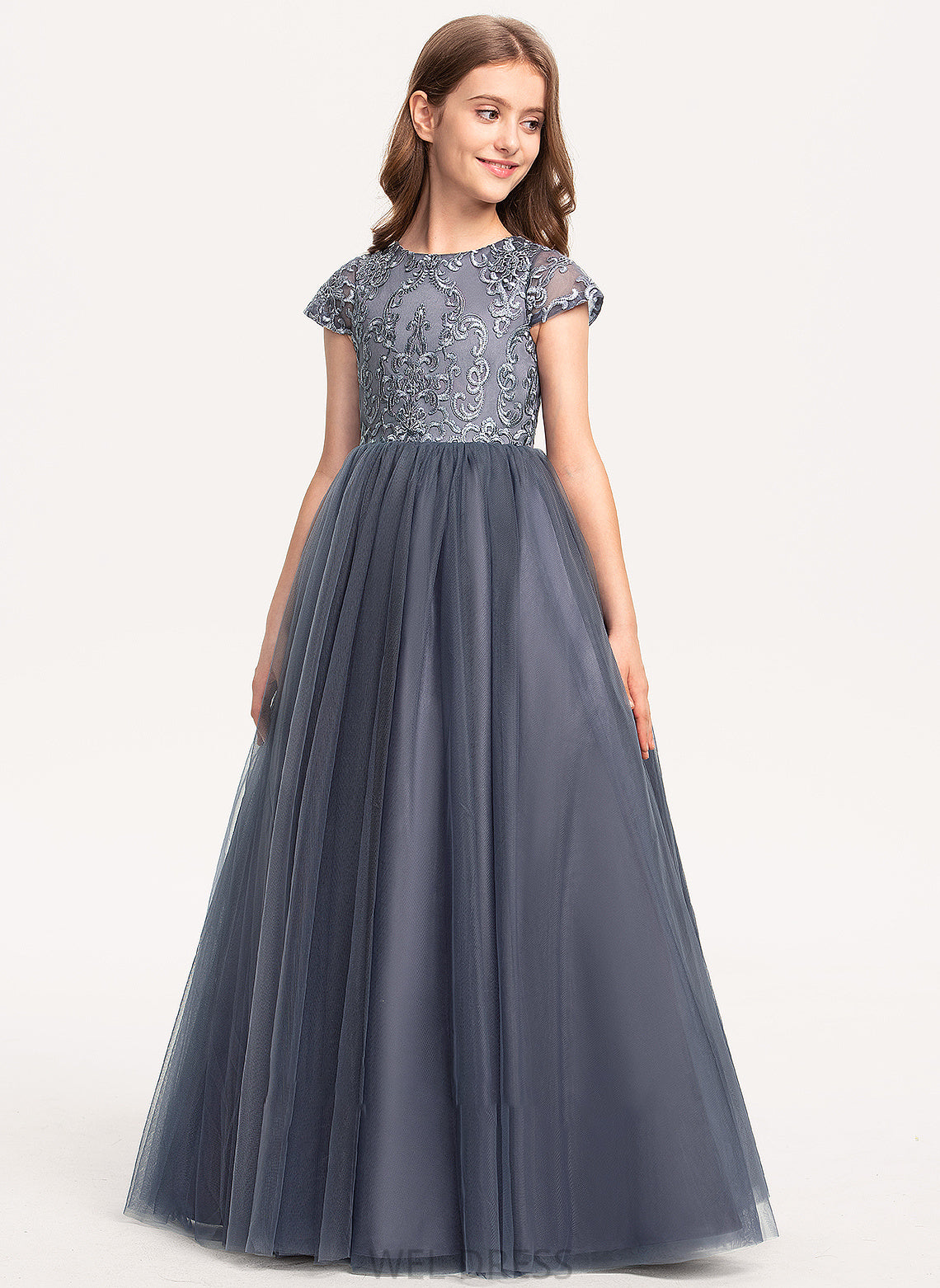 Floor-Length Neck Ball-Gown/Princess Junior Bridesmaid Dresses Cameron Lace Scoop Tulle