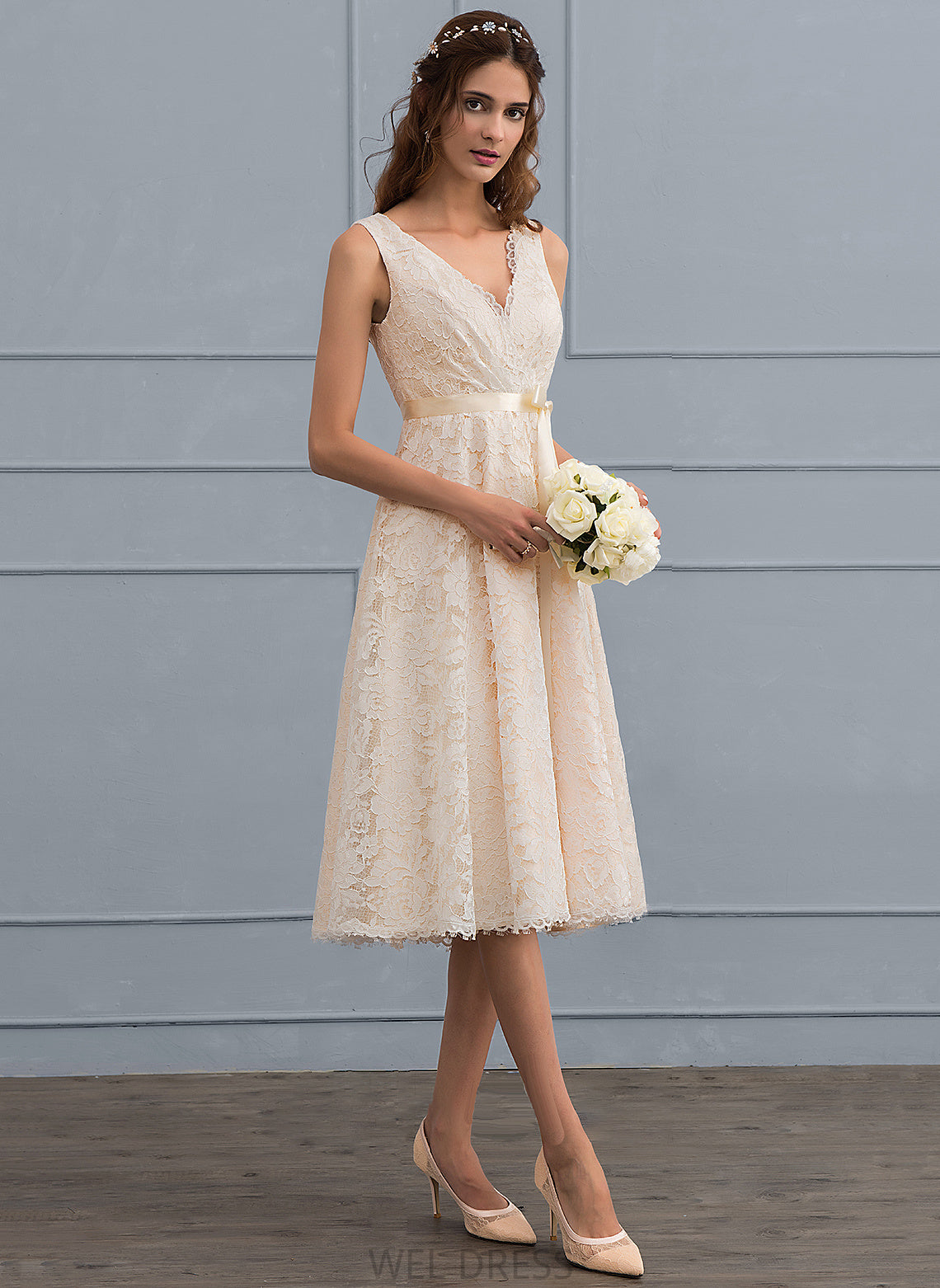 V-neck A-Line Wedding Dresses Dress Knee-Length Miriam Bow(s) Wedding With Lace