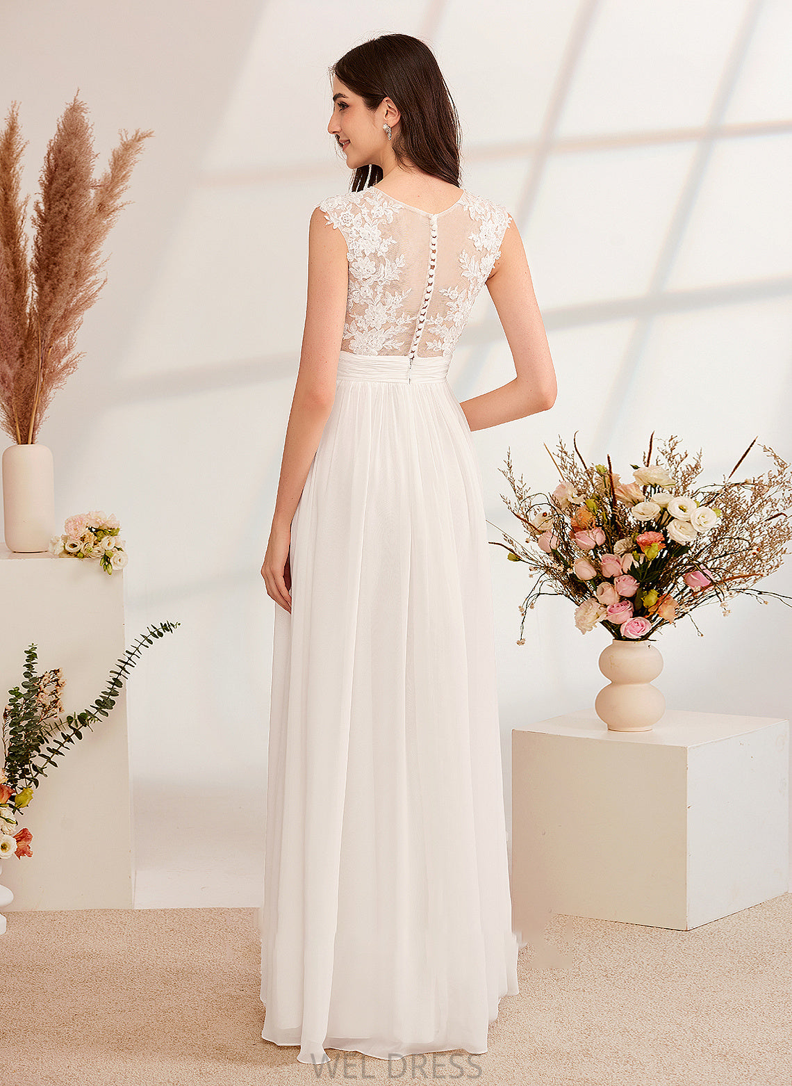 Floor-Length Front Beading Jewel Split Wedding Dresses With Wedding A-Line Illusion Dress