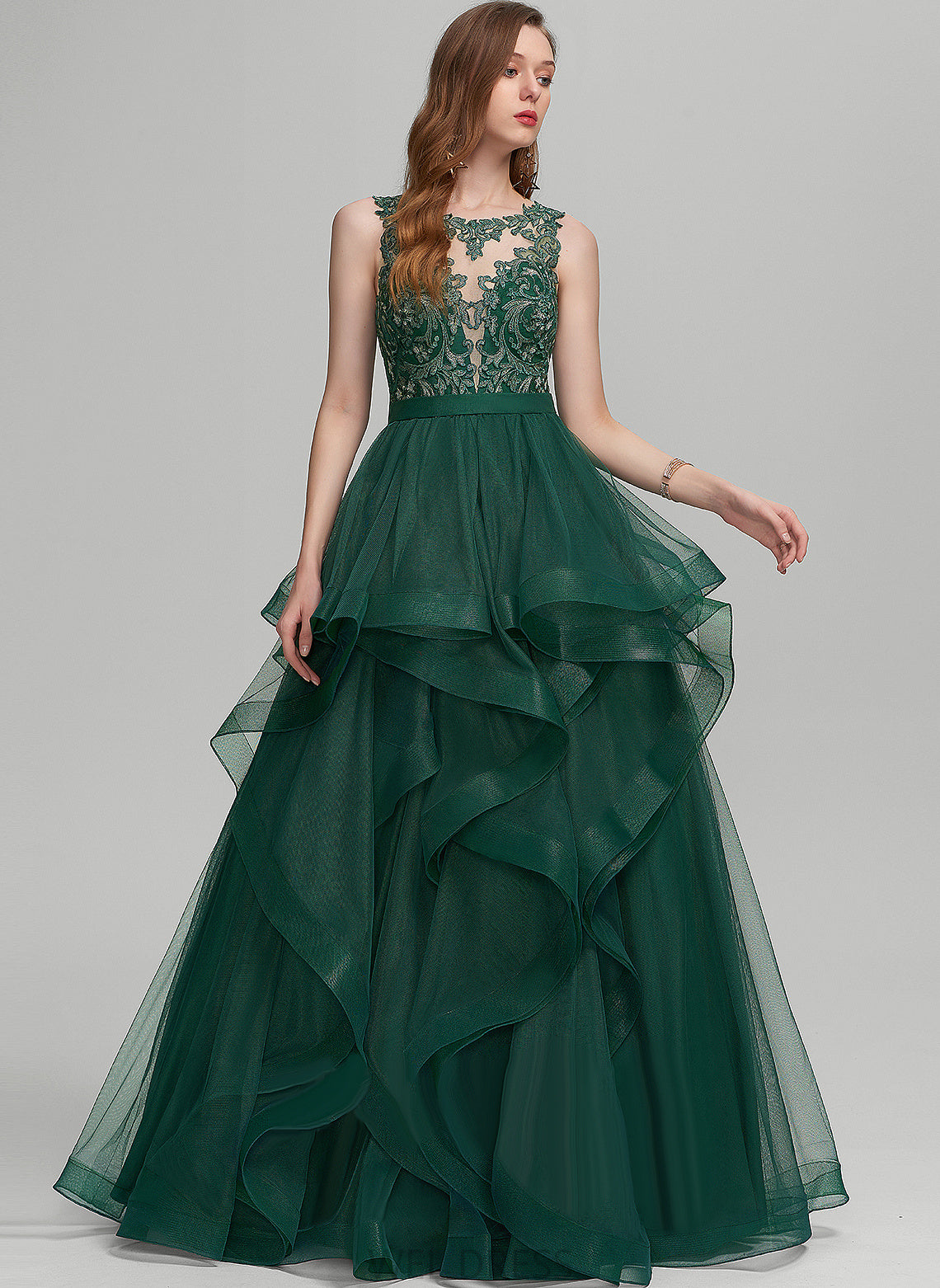 Tulle Floor-Length Prom Dresses Ball-Gown/Princess Illusion Scoop Lace Janiya