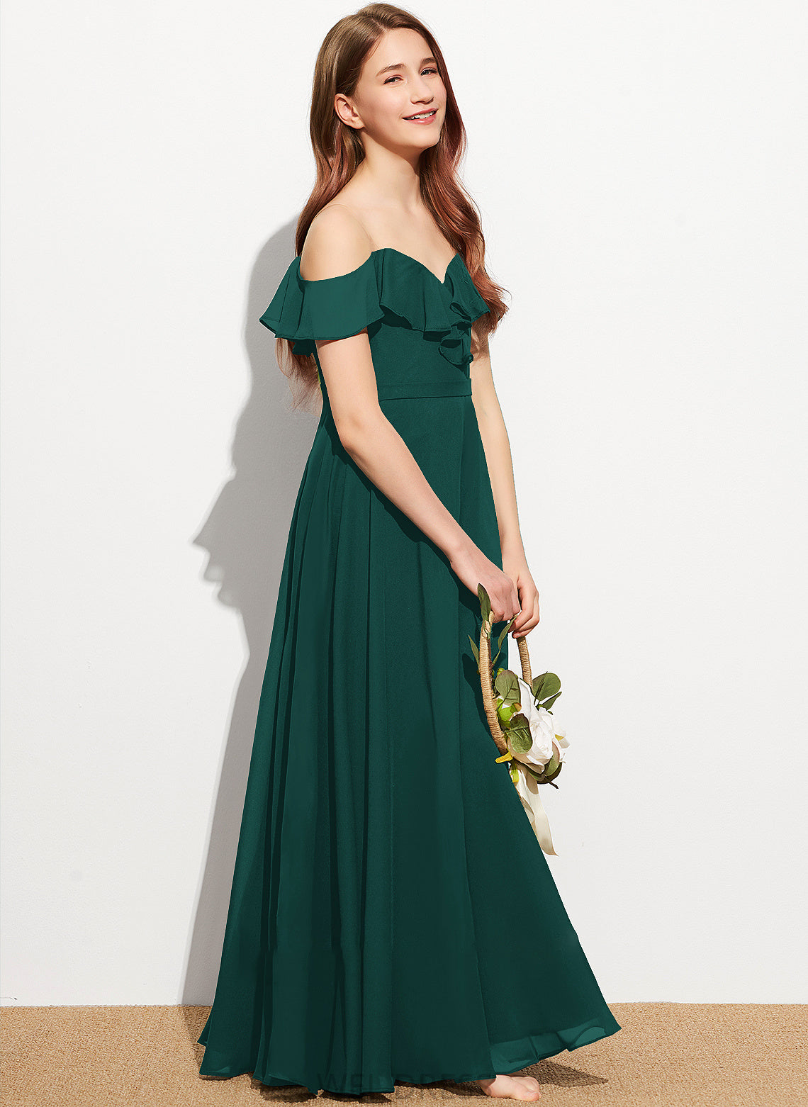 Floor-Length Ruffles Paige Junior Bridesmaid Dresses With A-Line Cascading Off-the-Shoulder Chiffon