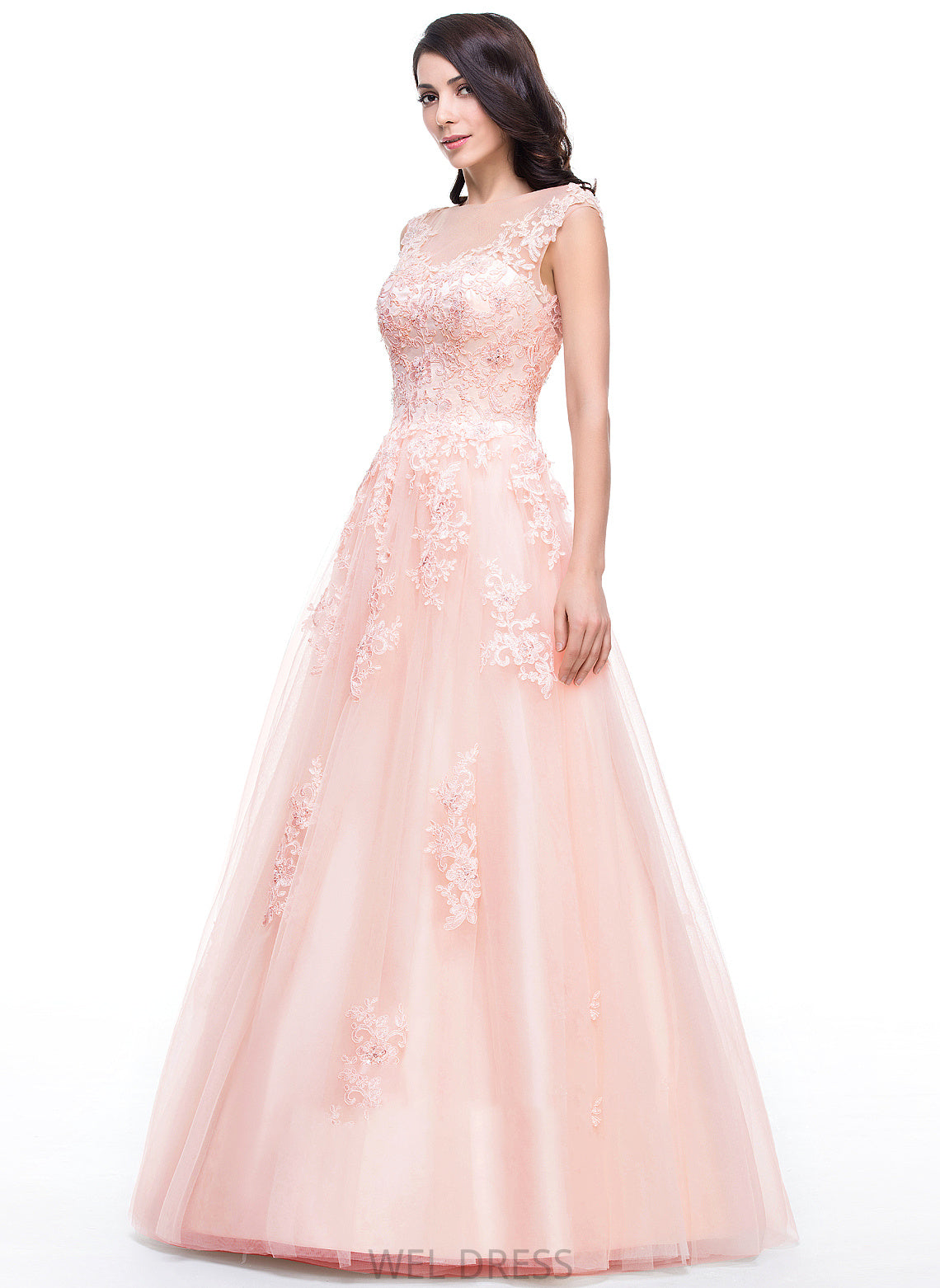 Kristin Beading Ball-Gown/Princess Floor-Length Tulle With Neck Appliques Scoop Prom Dresses Lace Sequins