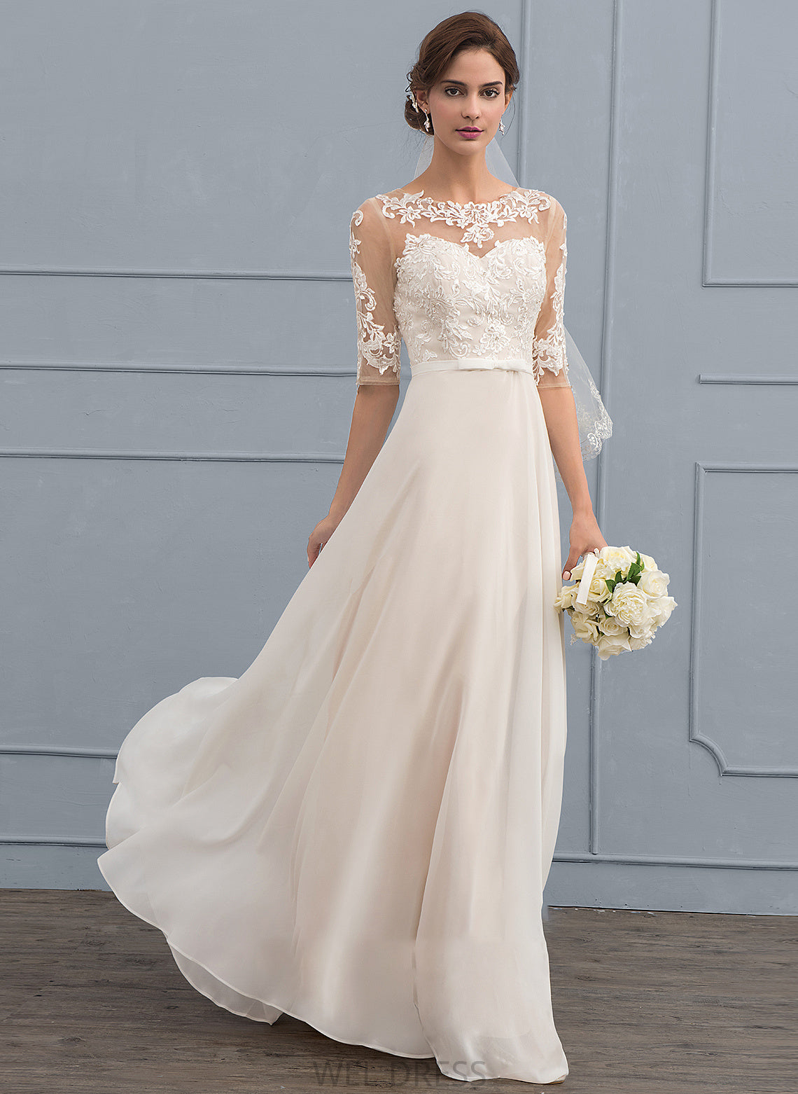 A-Line Bow(s) With Chiffon Sequins Floor-Length Jaylah Wedding Dress Beading Illusion Wedding Dresses