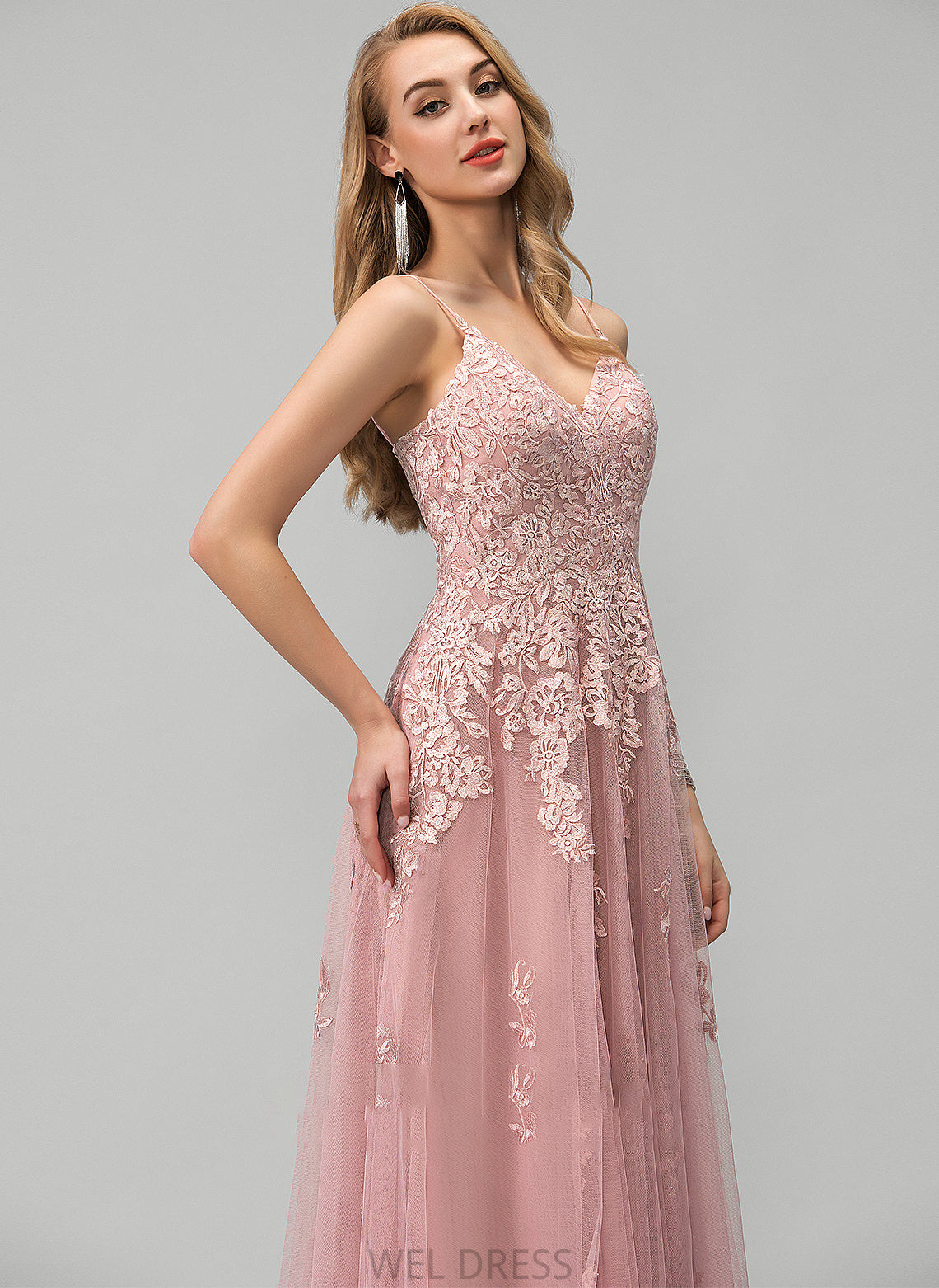 Melanie Tulle Prom Dresses Lace V-neck Floor-Length With Ball-Gown/Princess