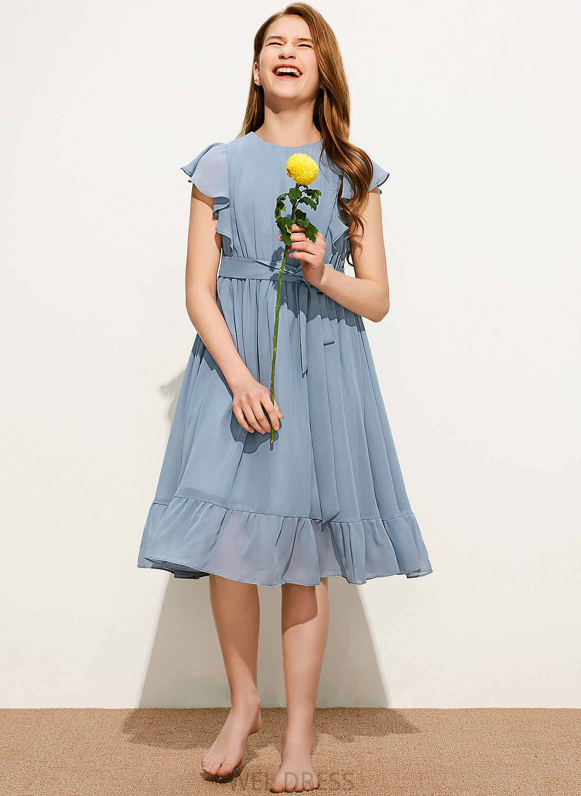 A-Line Carley Knee-Length Scoop Bow(s) Junior Bridesmaid Dresses With Chiffon Cascading Ruffles Neck