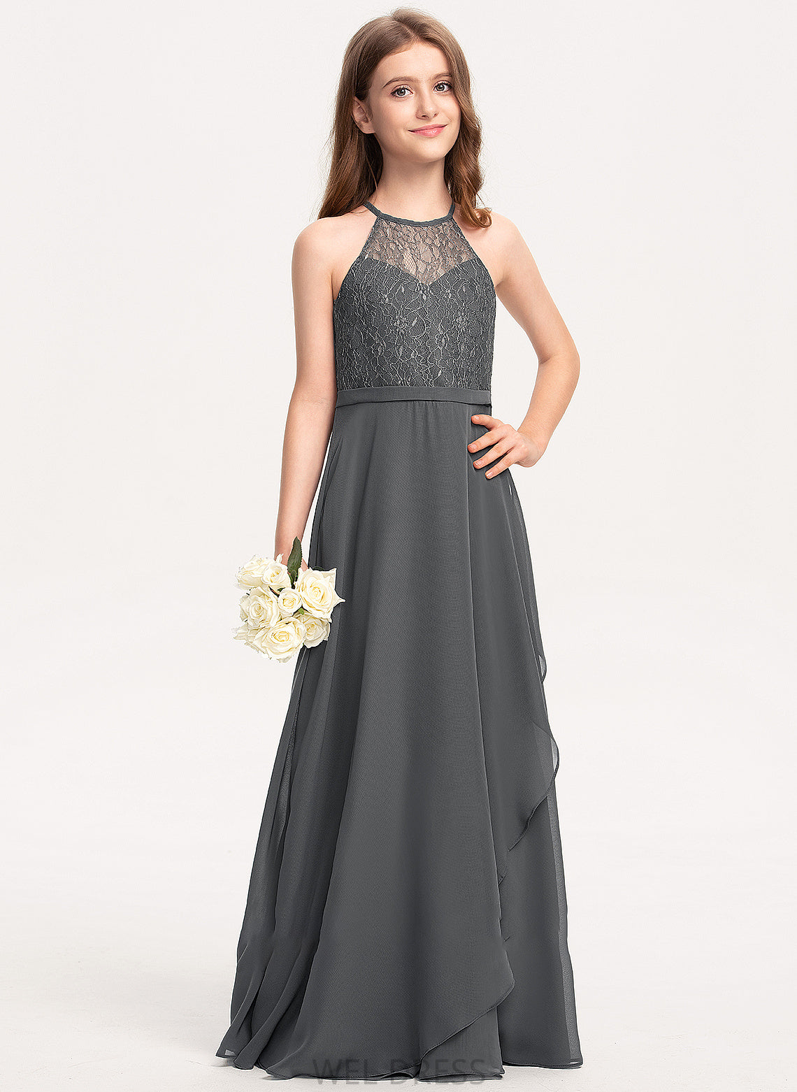 Floor-Length Cascading Lace Scoop Chiffon With A-Line Neck Jazlyn Junior Bridesmaid Dresses Ruffles