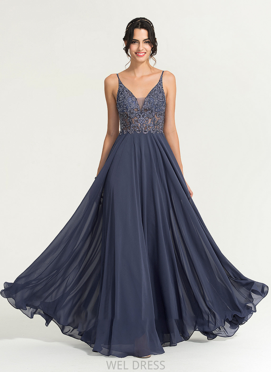 Chiffon Floor-Length With A-Line Prom Dresses Wendy V-neck Beading Sequins