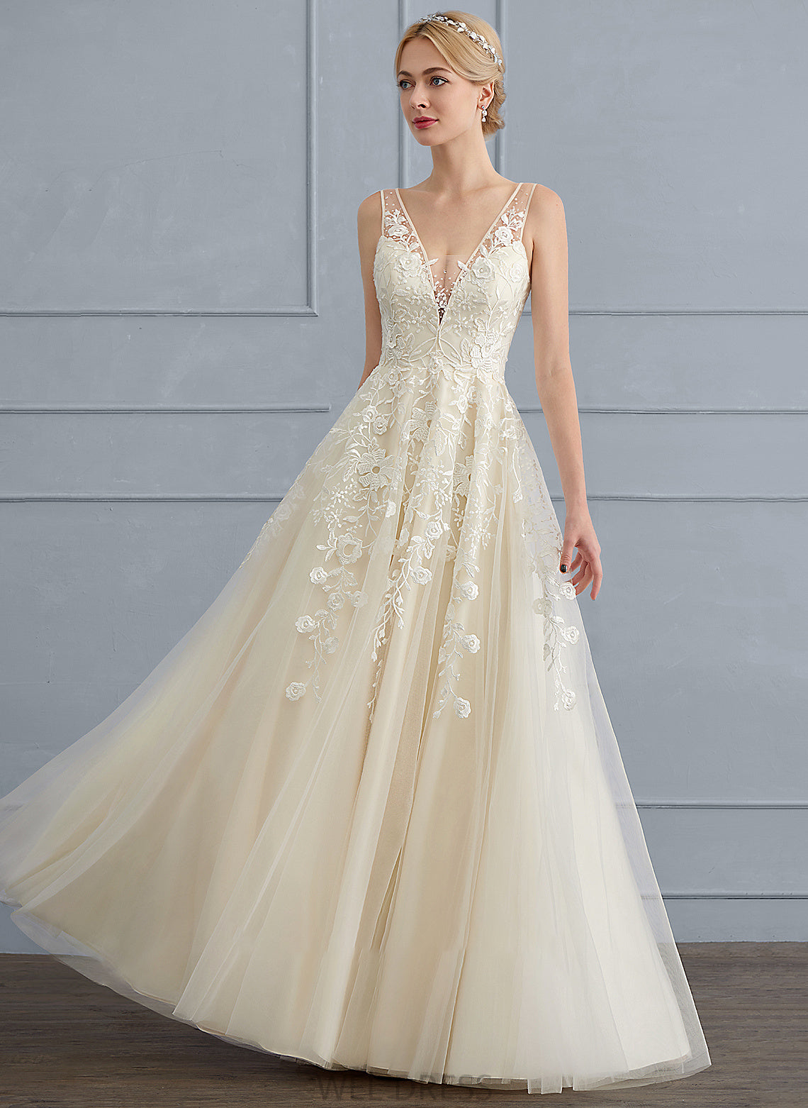 Tulle Wedding Dresses A-Line Floor-Length Dress Beading With Sequins Wedding V-neck Charlize