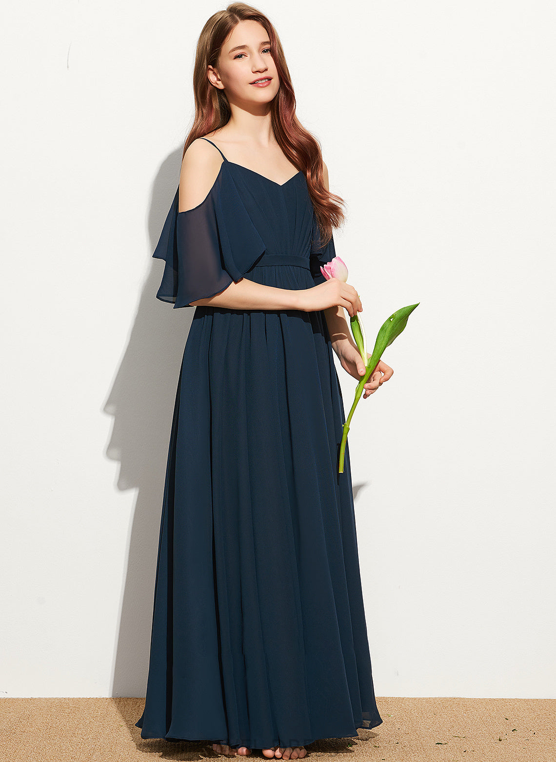 A-Line Campbell Chiffon Off-the-Shoulder With Ruffle Junior Bridesmaid Dresses Floor-Length
