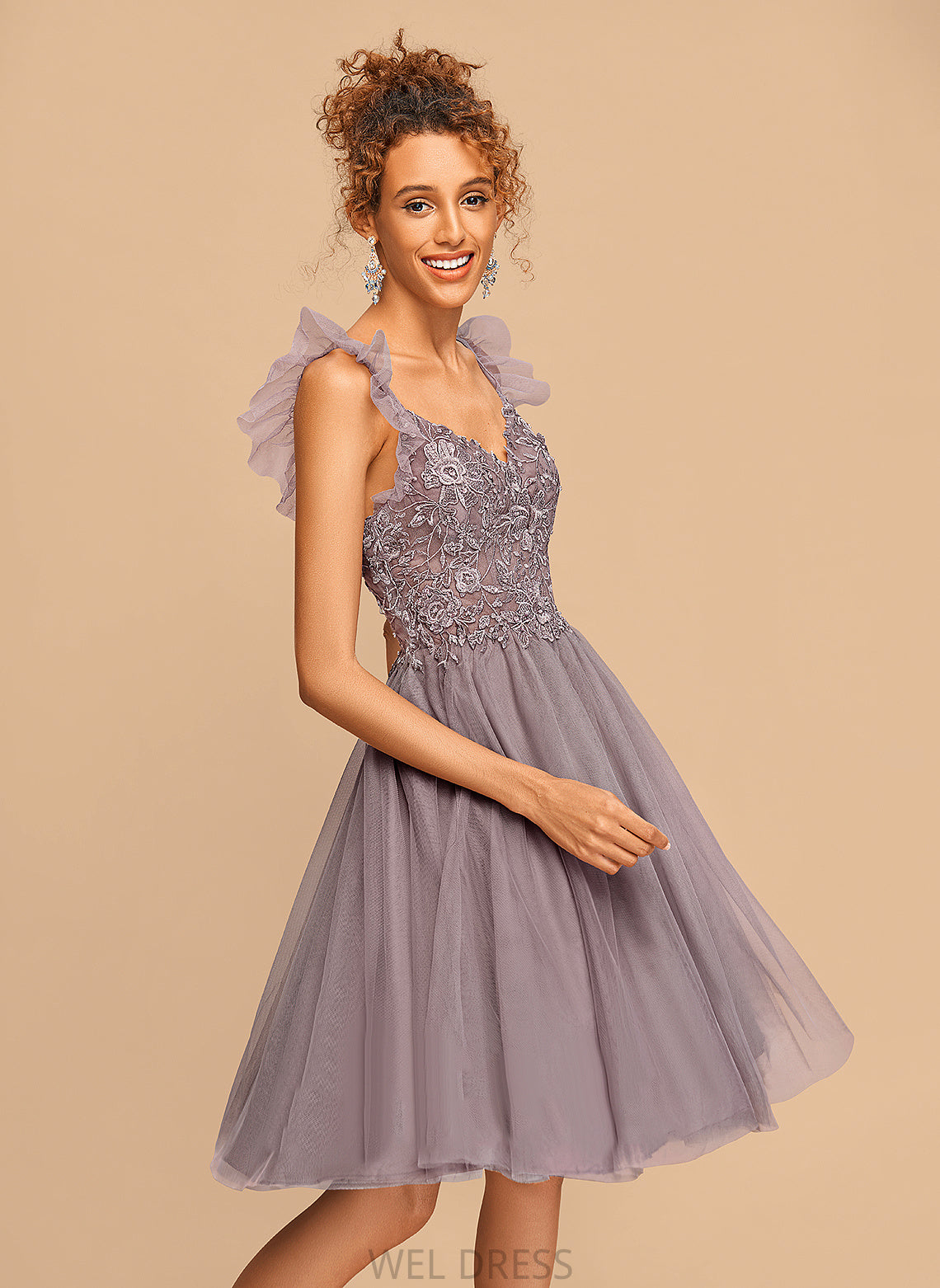 V-neck A-Line With Knee-Length Cascading Beatrice Tulle Dress Ruffles Homecoming Dresses Homecoming Lace
