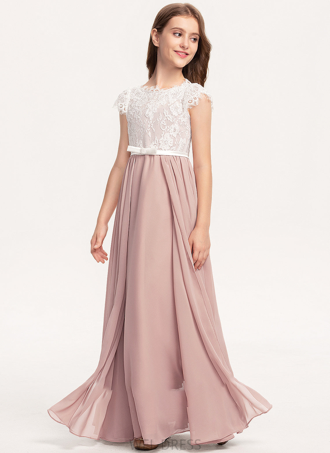Floor-Length Chiffon Junior Bridesmaid Dresses Lace Violet Bow(s) A-Line Neck With Scoop