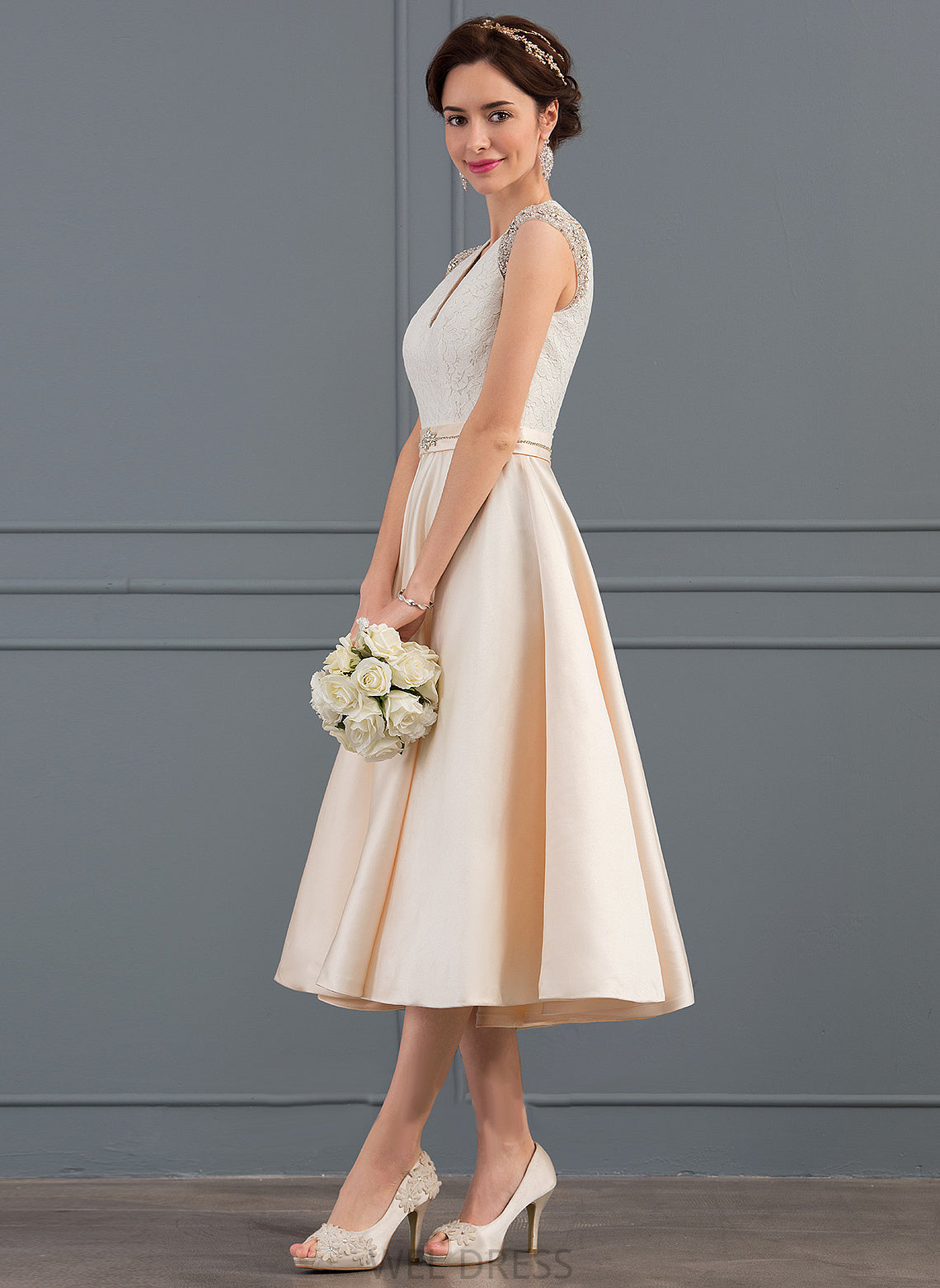 A-Line Samara With Wedding Dresses Dress Tea-Length V-neck Satin Beading Wedding Sequins