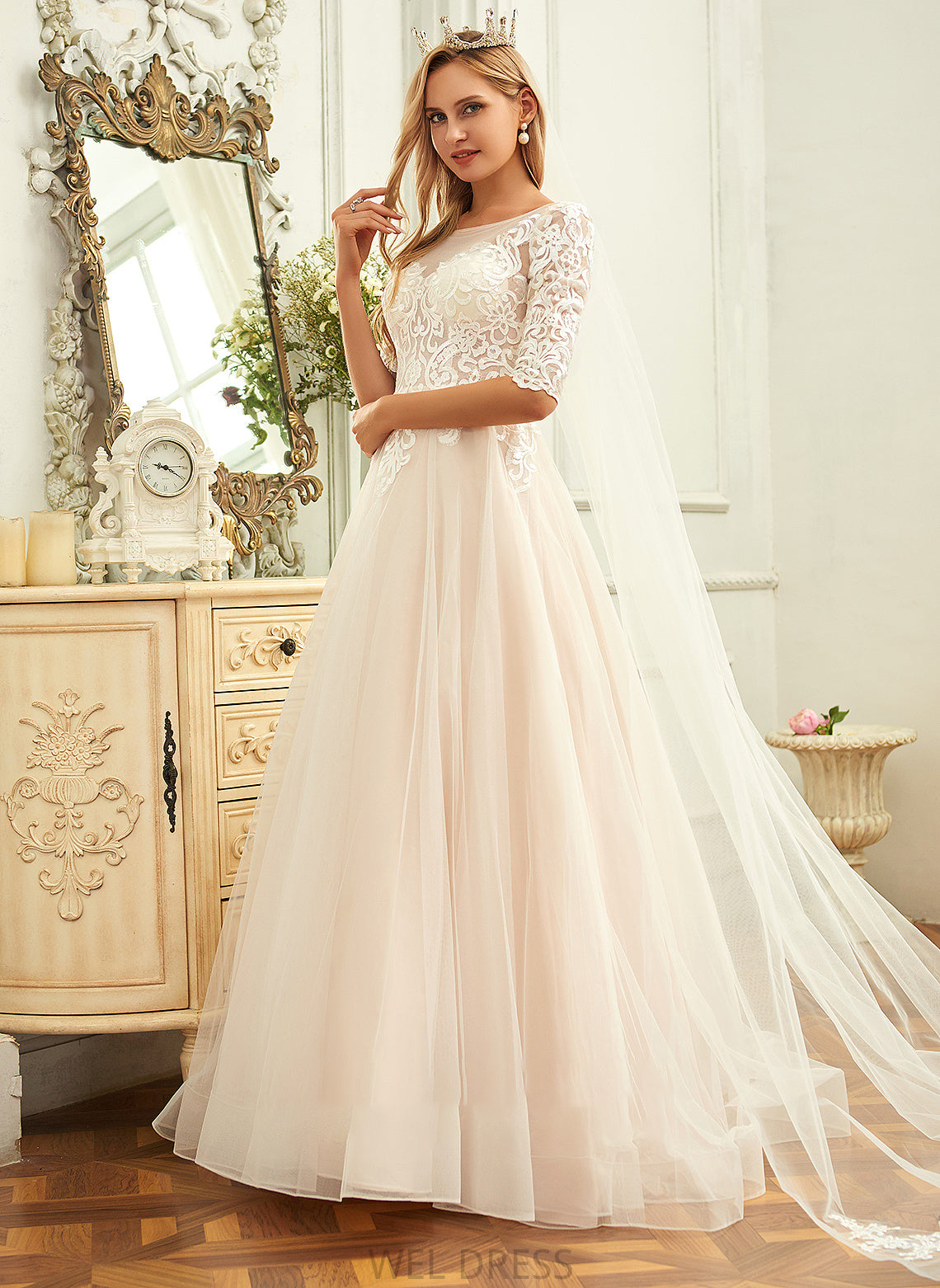 Scoop Lace Sweep Wedding Ball-Gown/Princess Keyla Neck Train Tulle Wedding Dresses Dress