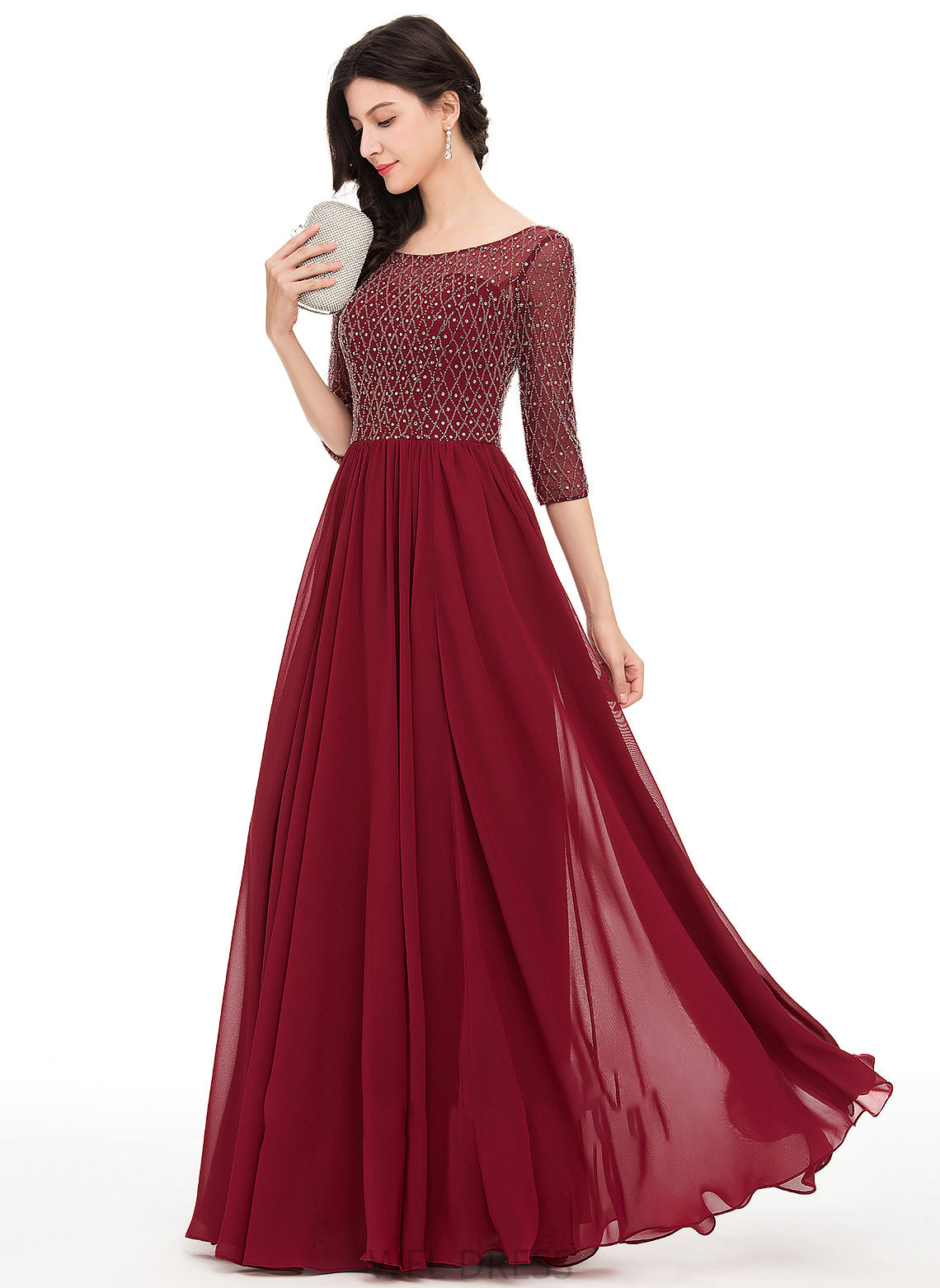 Floor-Length Neck Sequins Prom Dresses With Beading Amelie Chiffon A-Line Scoop
