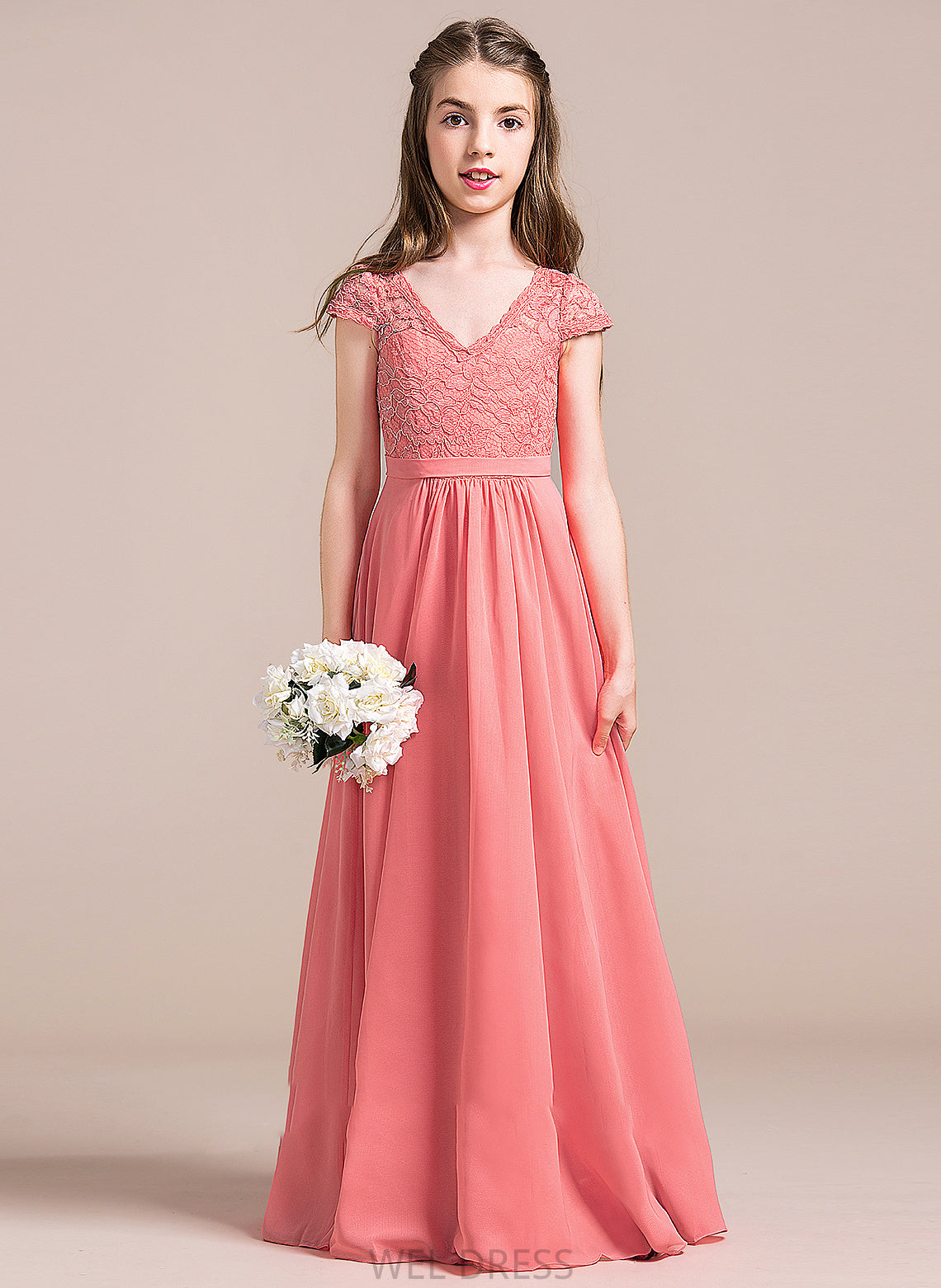 V-neck A-Line Floor-Length Junior Bridesmaid Dresses Judith Lace Chiffon