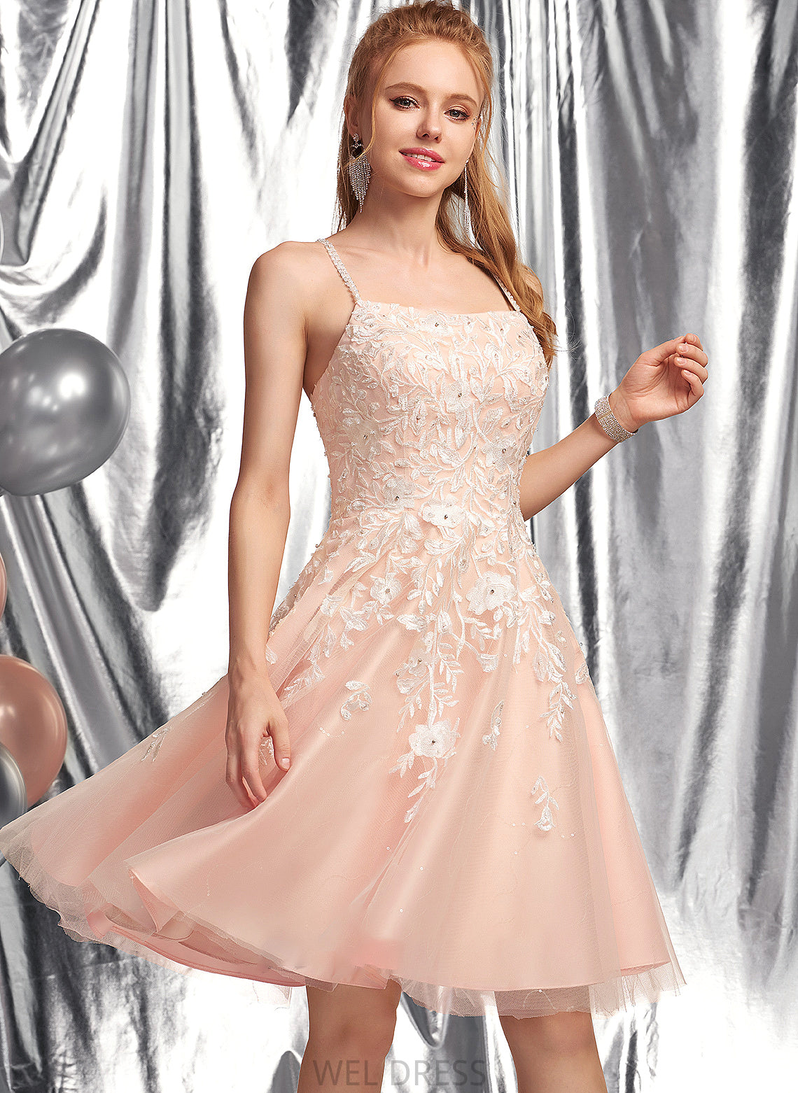 Beading Ciara With Square Sequins Neckline Tulle A-Line Prom Dresses Knee-Length