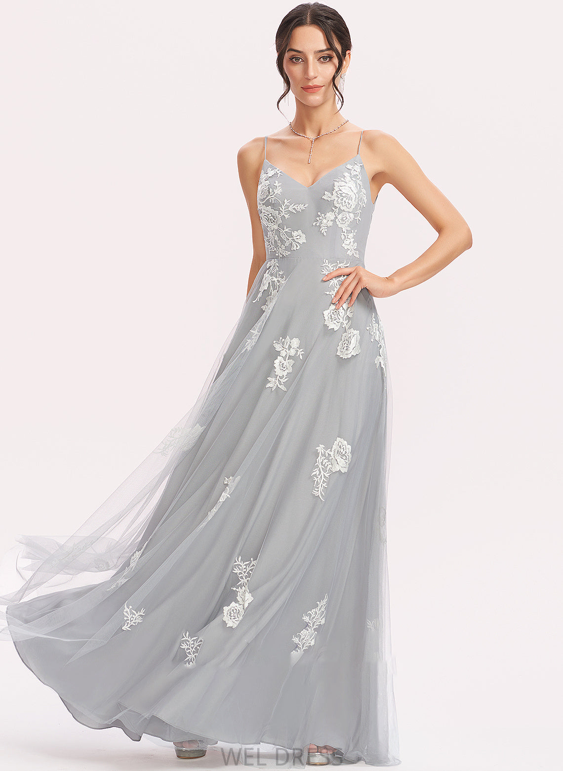 Length Fabric Silhouette Floor-Length A-Line Lace Embellishment Neckline V-neck Gabrielle A-Line/Princess Sleeveless
