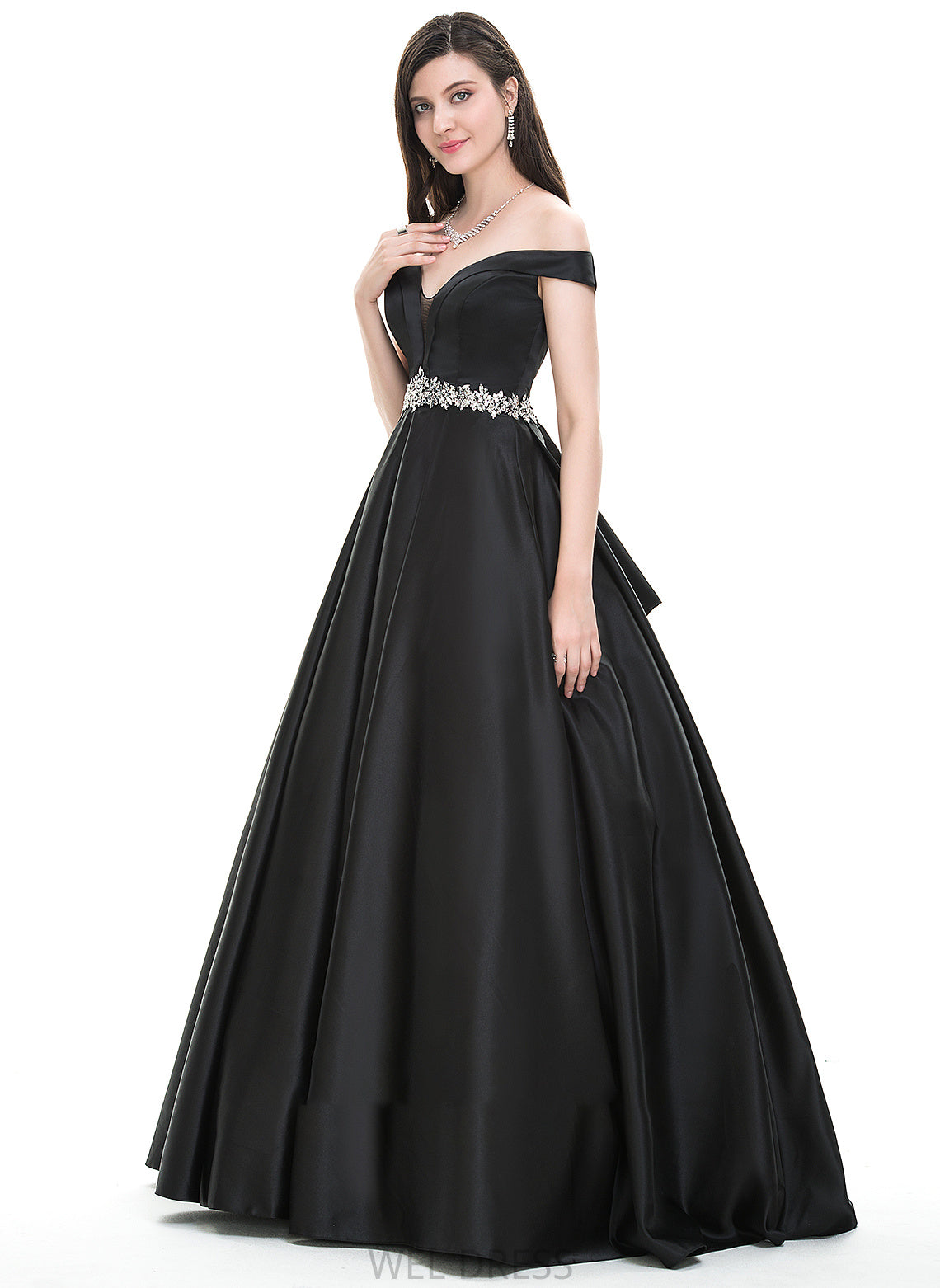 Beading Satin Floor-Length Ball-Gown/Princess With Prom Dresses Noelle Off-the-Shoulder