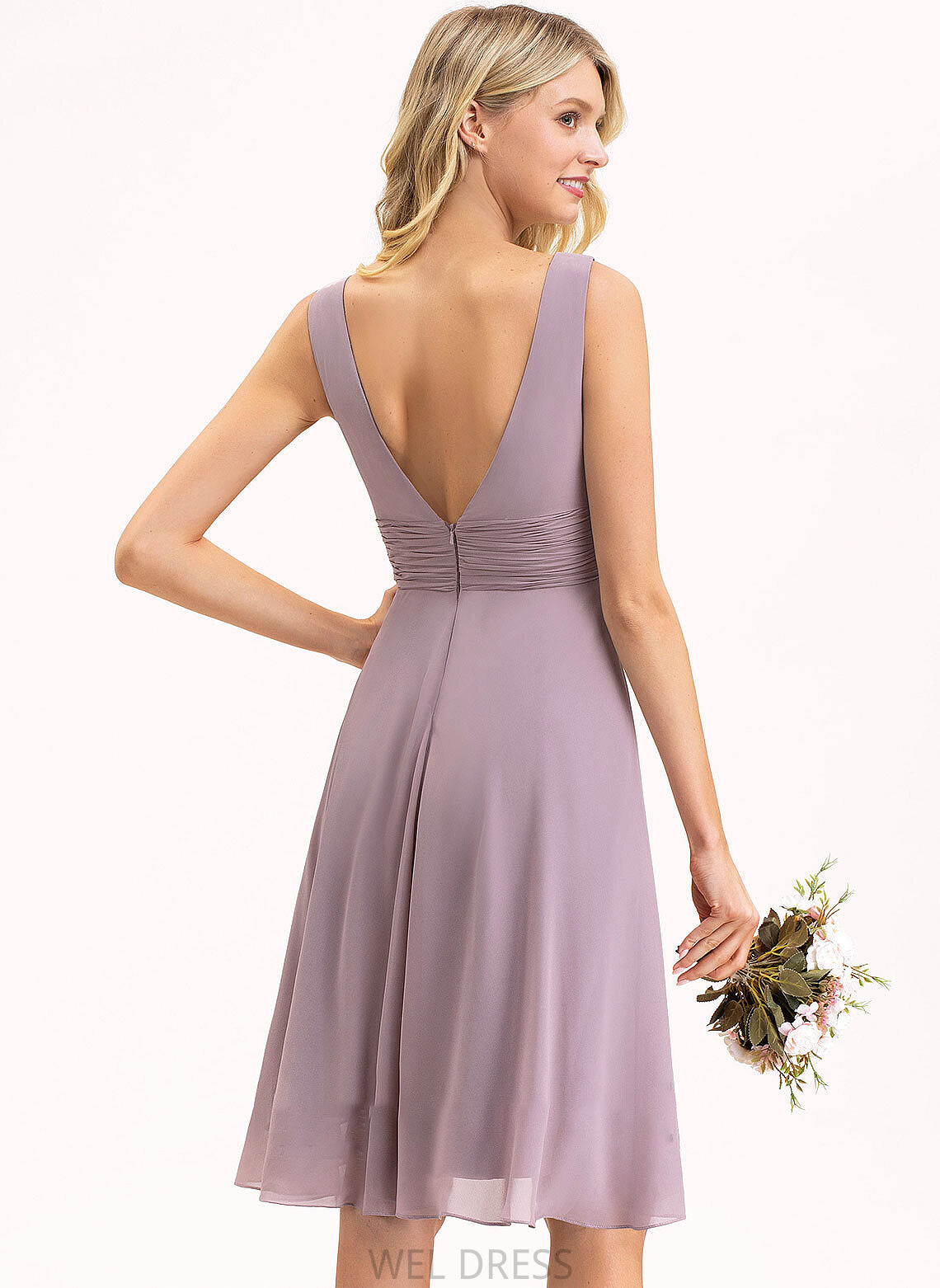 Fabric A-Line Silhouette Neckline V-neck Asymmetrical Length Ruffle Embellishment Reyna Sleeveless A-Line/Princess