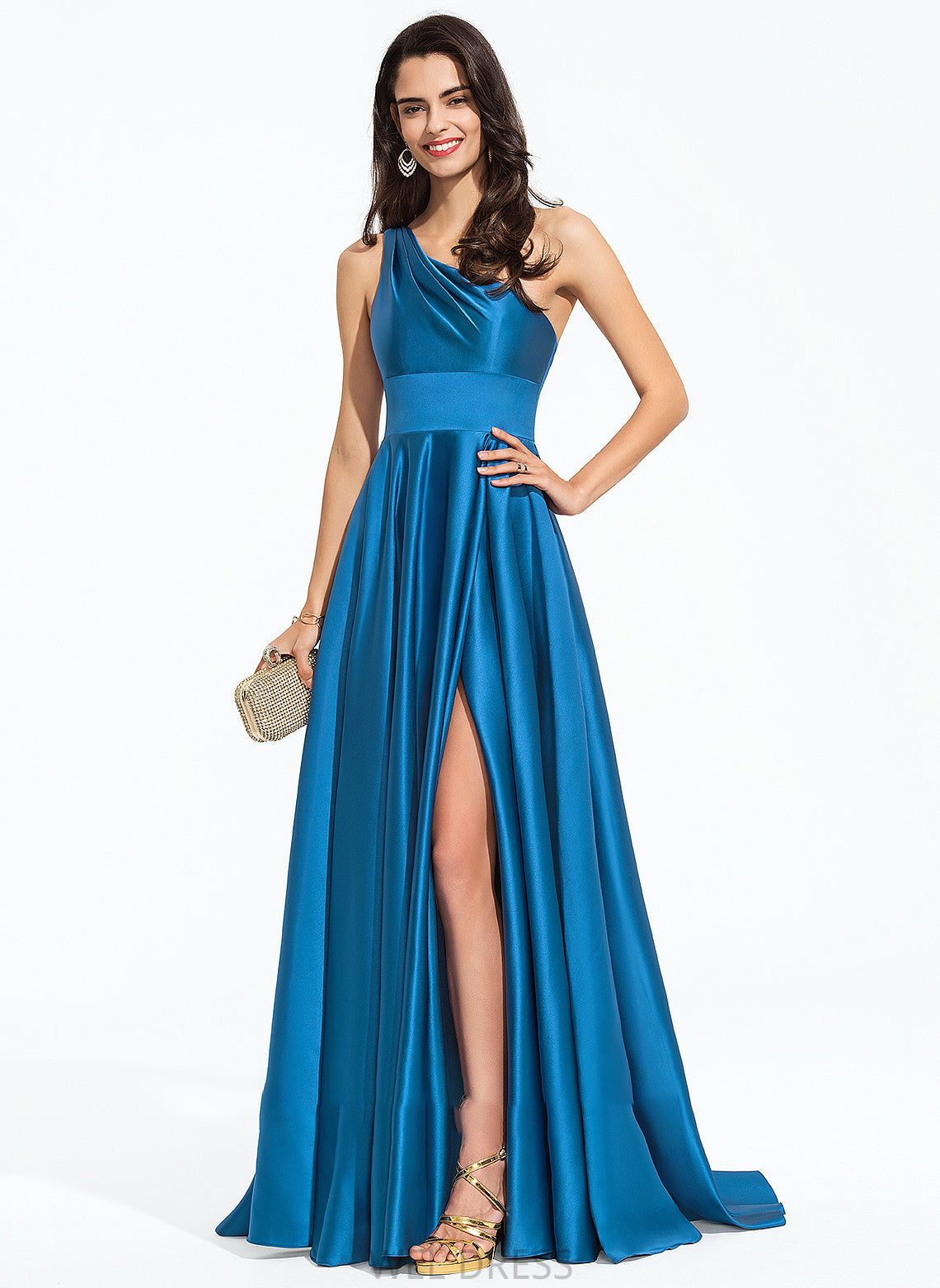 Prom Dresses A-Line One-Shoulder Front Split Sweep With Nora Train Satin