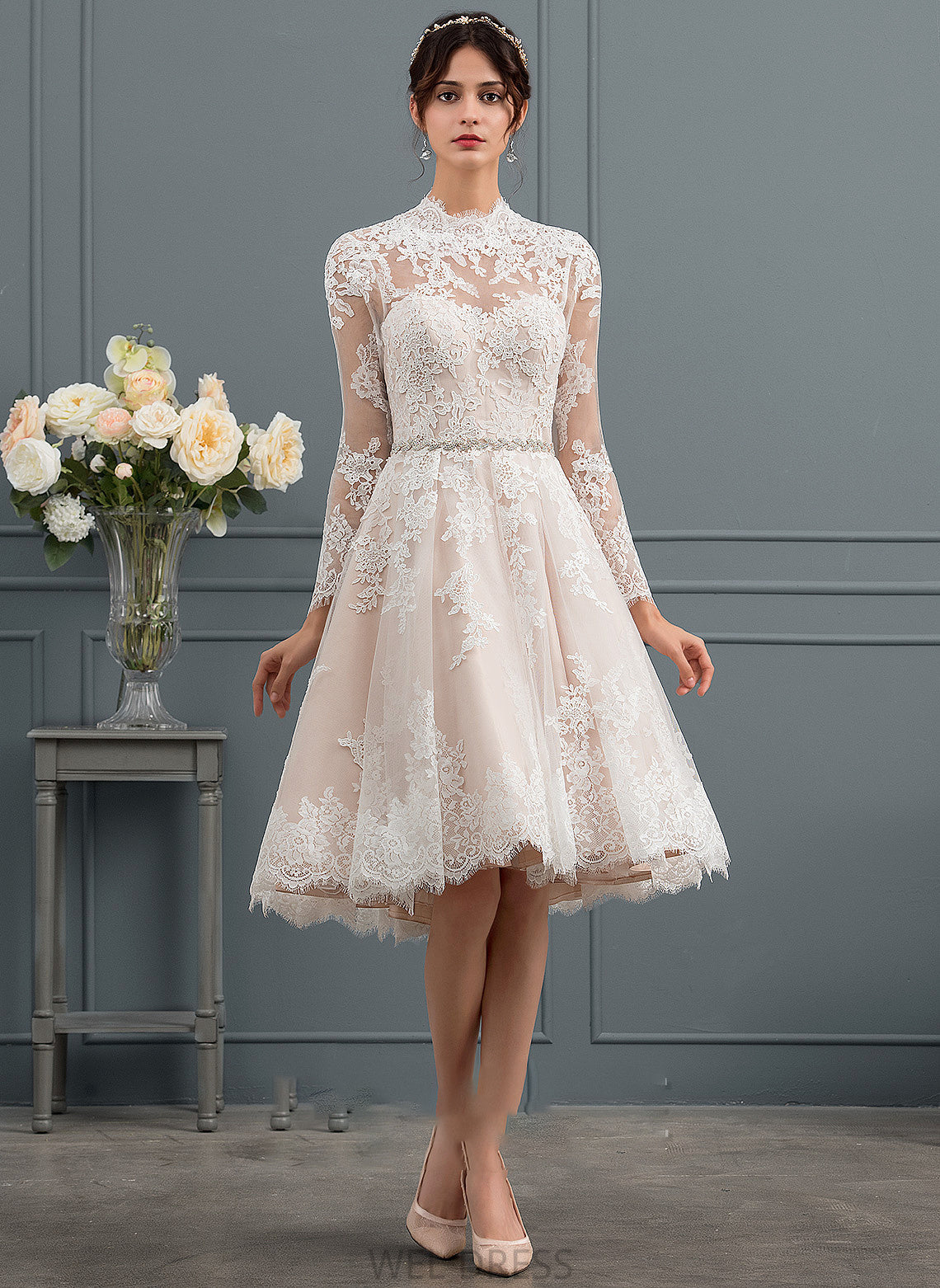 Wedding Dresses A-Line Jaelynn Lace Knee-Length Illusion Wedding Dress