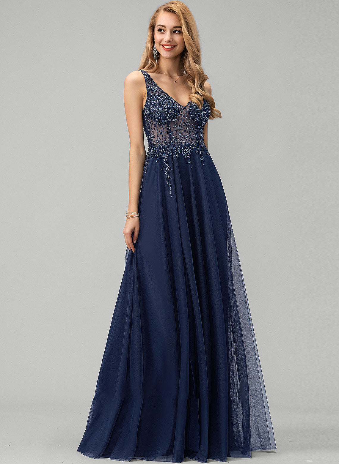 Phoebe V-neck Sequins Beading Split A-Line Front Prom Dresses With Tulle Floor-Length