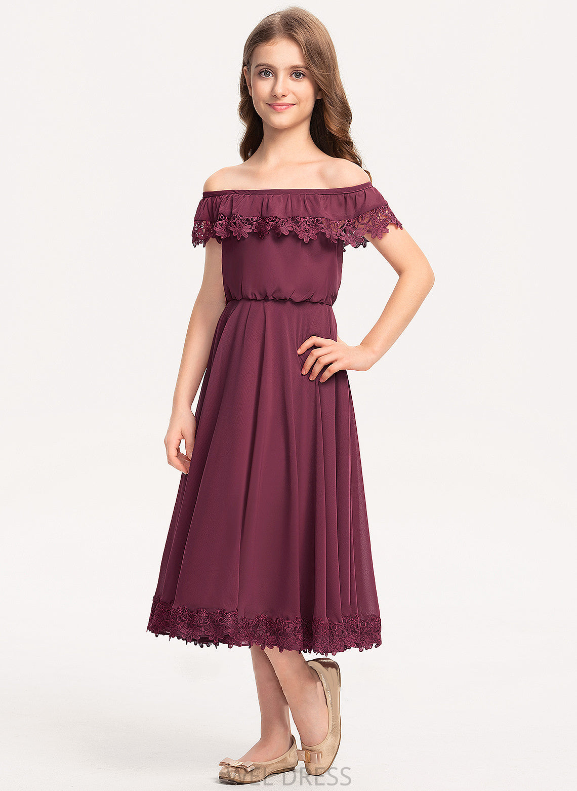 Lace Off-the-Shoulder Hazel A-Line Junior Bridesmaid Dresses Chiffon Tea-Length