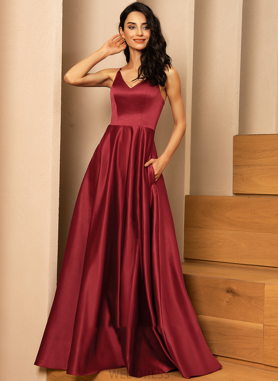 Satin Floor-Length With Hailey A-Line Prom Dresses V-neck Pockets