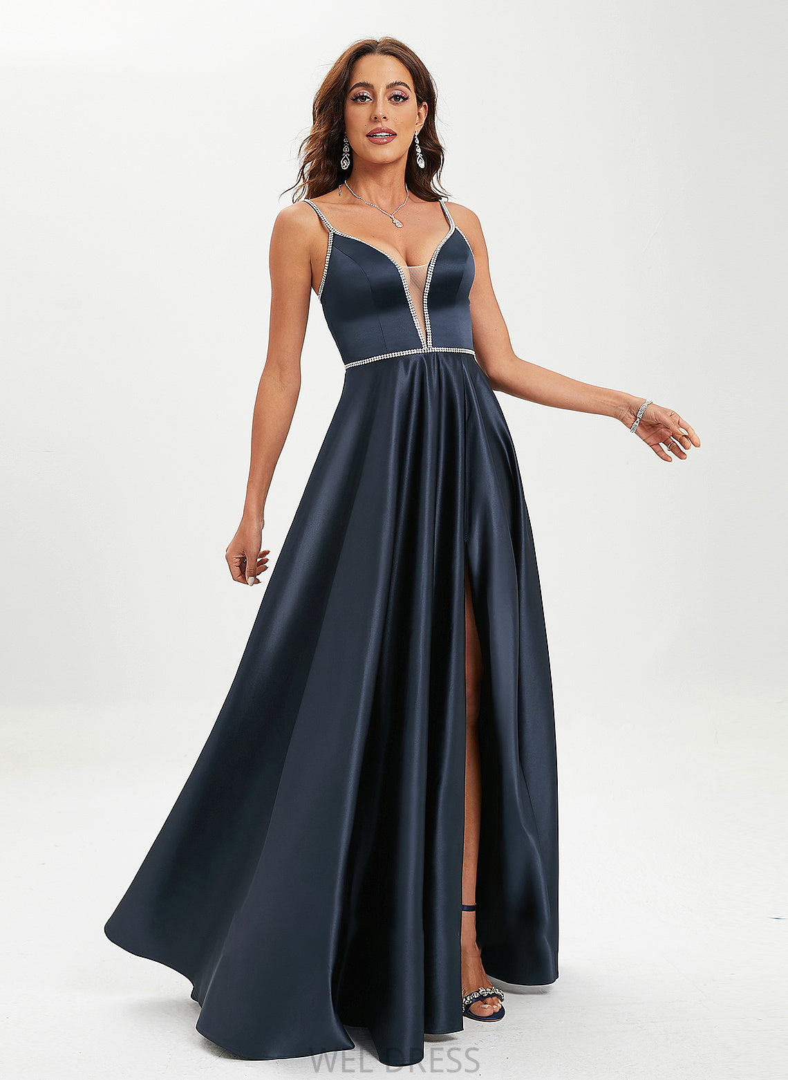 Beading Ball-Gown/Princess Floor-Length With V-neck Sequins Lilianna Satin Prom Dresses
