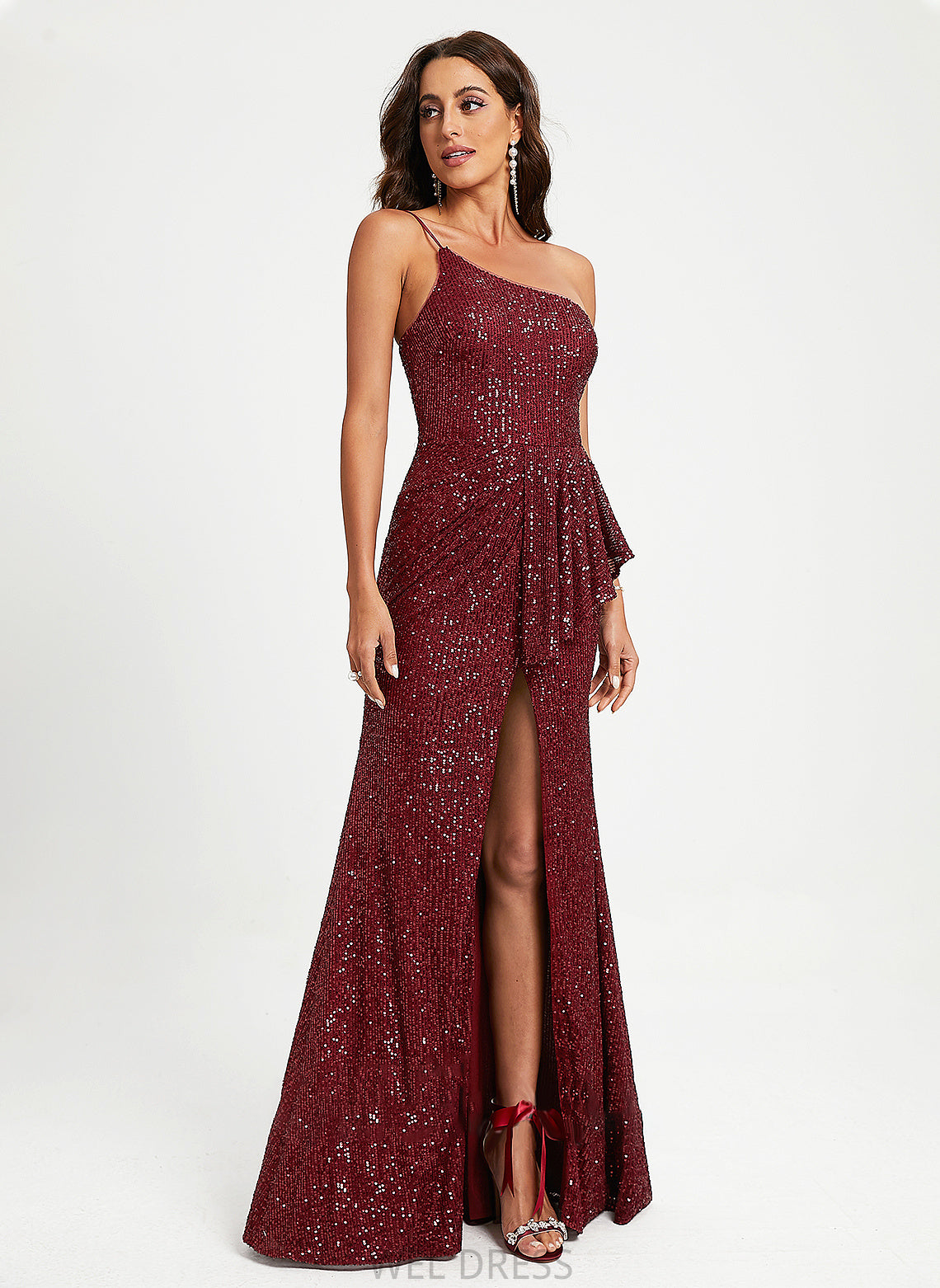 Jessica Sequins Prom Dresses Floor-Length Sheath/Column With Sequined One-Shoulder Ruffle