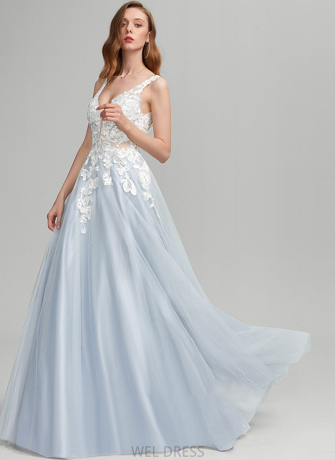 Ball-Gown/Princess Tulle V-neck Sarah Prom Dresses Floor-Length
