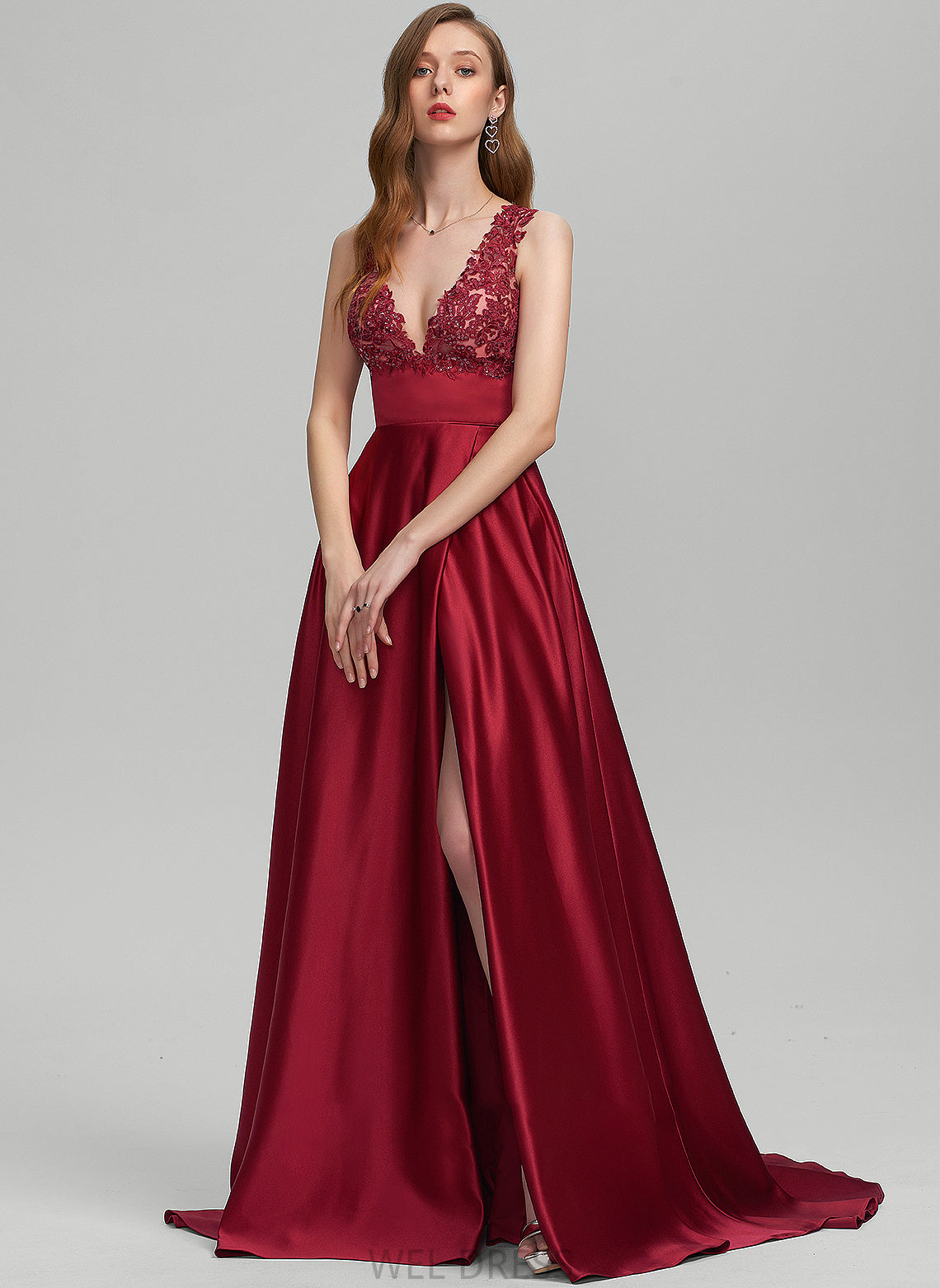 Front Araceli Split Ball-Gown/Princess With Sequins Sweep V-neck Satin Train Prom Dresses