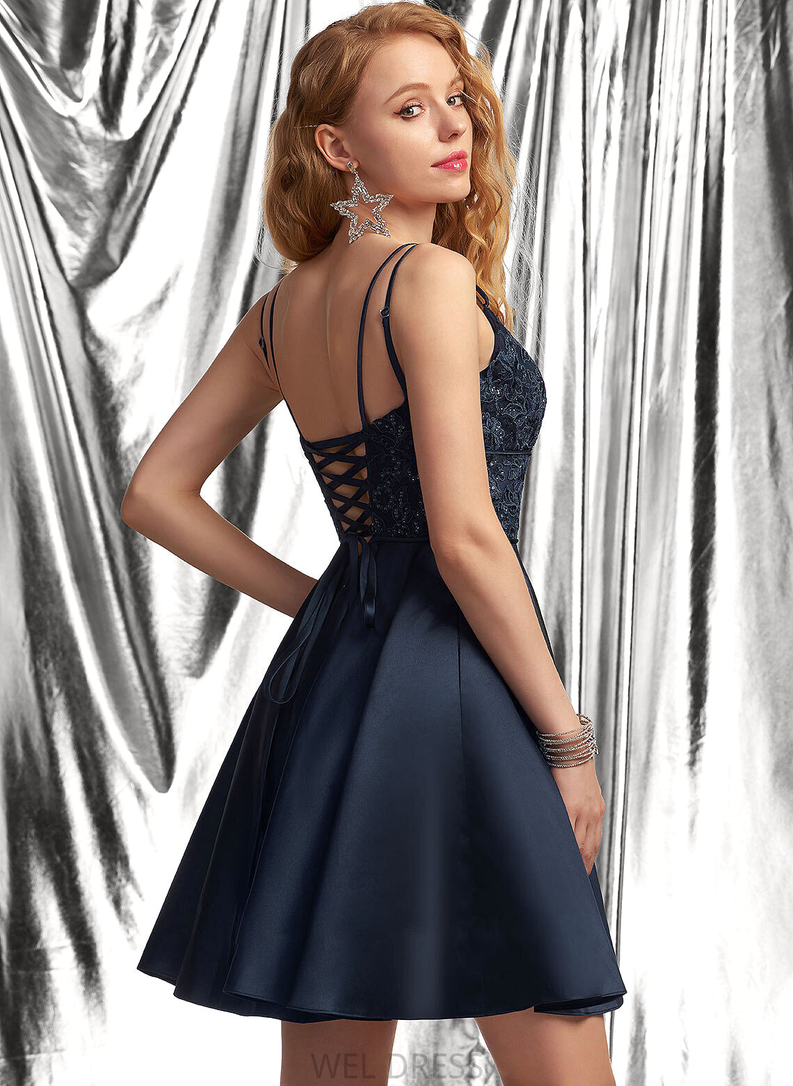 Sequins Prom Dresses Short/Mini Satin A-Line Lace With Square Irene Neckline