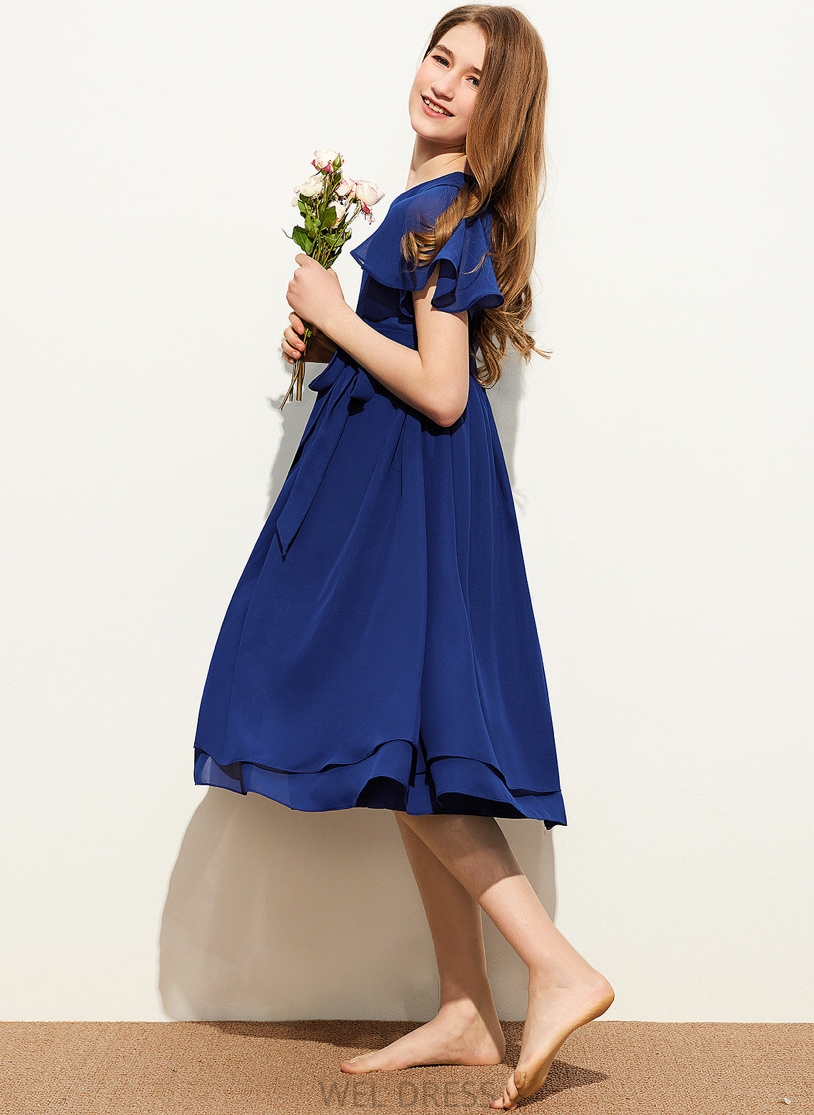 Junior Bridesmaid Dresses A-Line Bow(s) Scoop Chiffon Neck Belen Knee-Length With