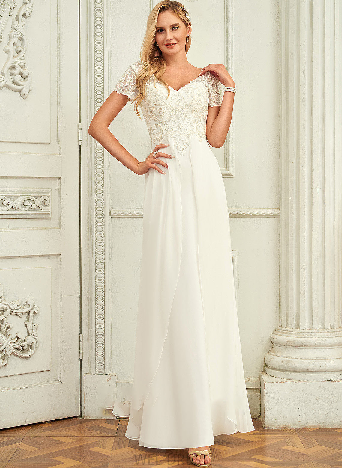 Wedding With Floor-Length Taliyah Lace Chiffon A-Line Lace V-neck Dress Wedding Dresses