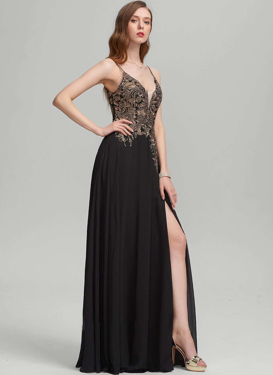 Lace Chiffon Prom Dresses Split With Sequins Floor-Length V-neck A-Line Lydia Front