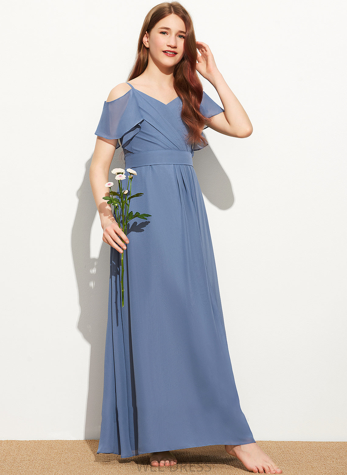 With Bow(s) Floor-Length Chiffon Ruffle Jade Off-the-Shoulder Junior Bridesmaid Dresses A-Line