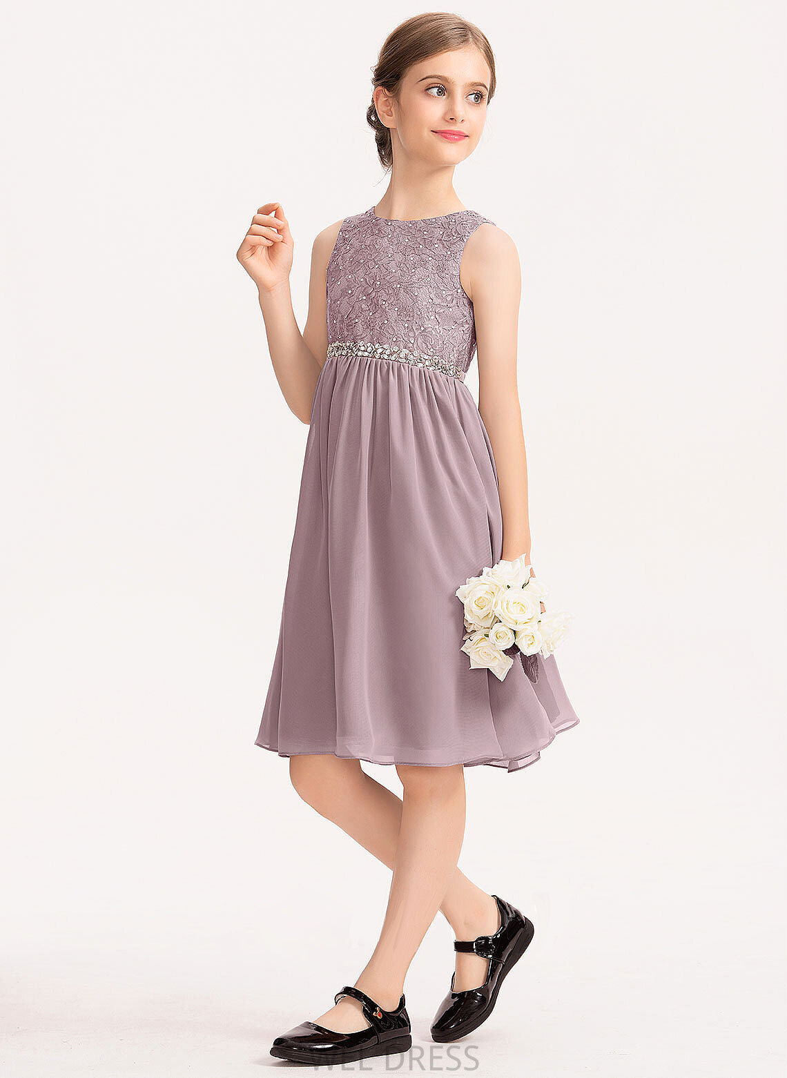 Knee-Length Bow(s) Ashtyn Chiffon Lace With A-Line Scoop Neck Junior Bridesmaid Dresses Beading