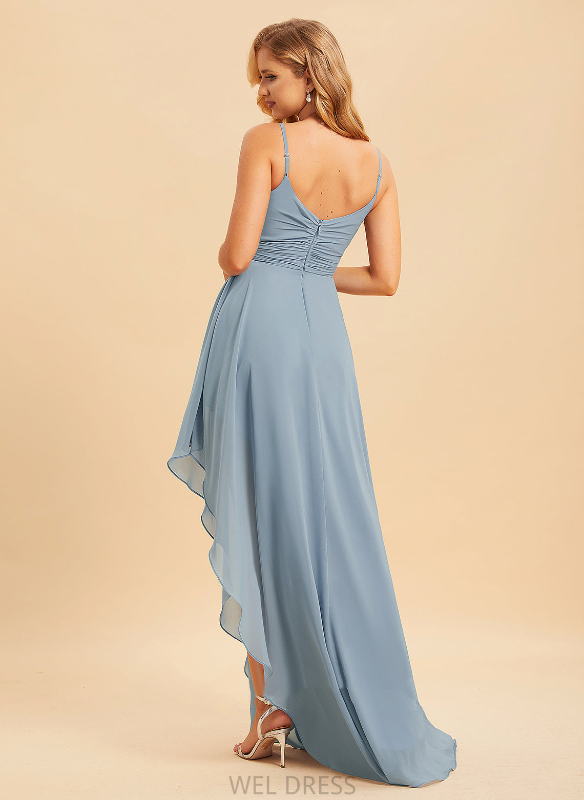 Neckline Length V-neck Embellishment Fabric Silhouette A-Line Ruffle Asymmetrical Beryl High Low A-Line/Princess Bridesmaid Dresses