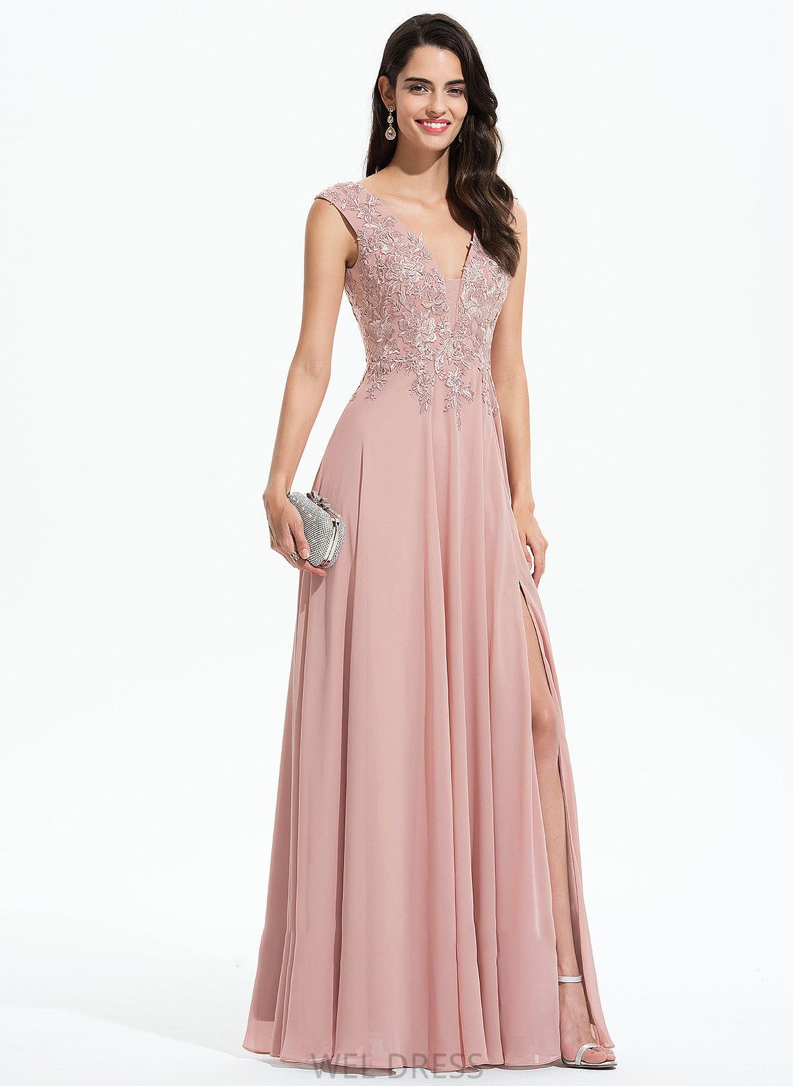 Split Floor-Length Front V-neck Mary With Lace Chiffon A-Line Prom Dresses
