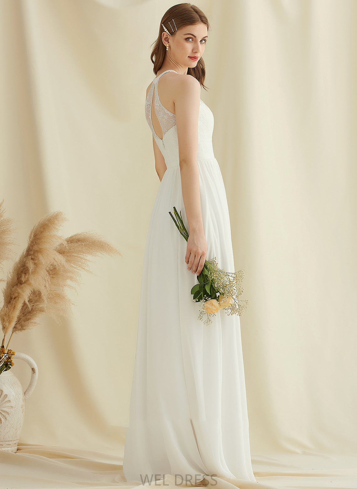 Lace A-Line Wedding Dress Floor-Length Neck Scoop Front Ireland Chiffon Split With Wedding Dresses