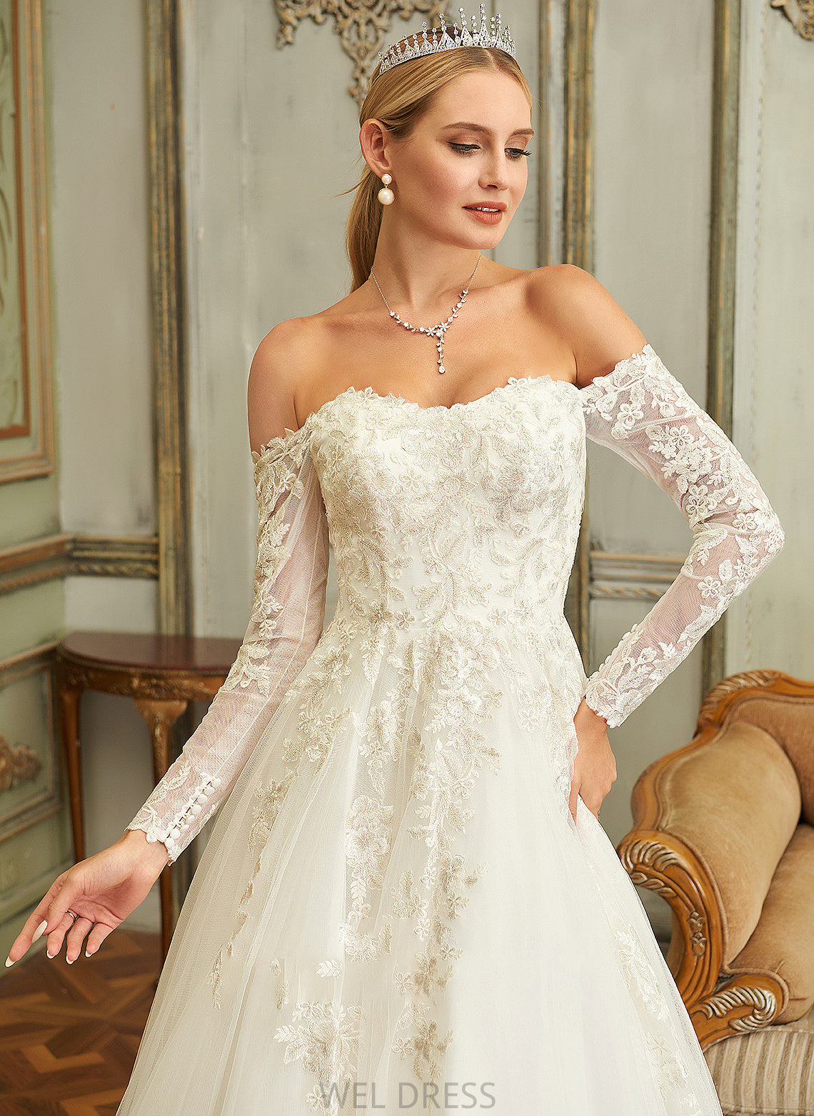 Dress Lace Off-the-Shoulder With Sarahi Ball-Gown/Princess Wedding Train Tulle Lace Wedding Dresses Sweep