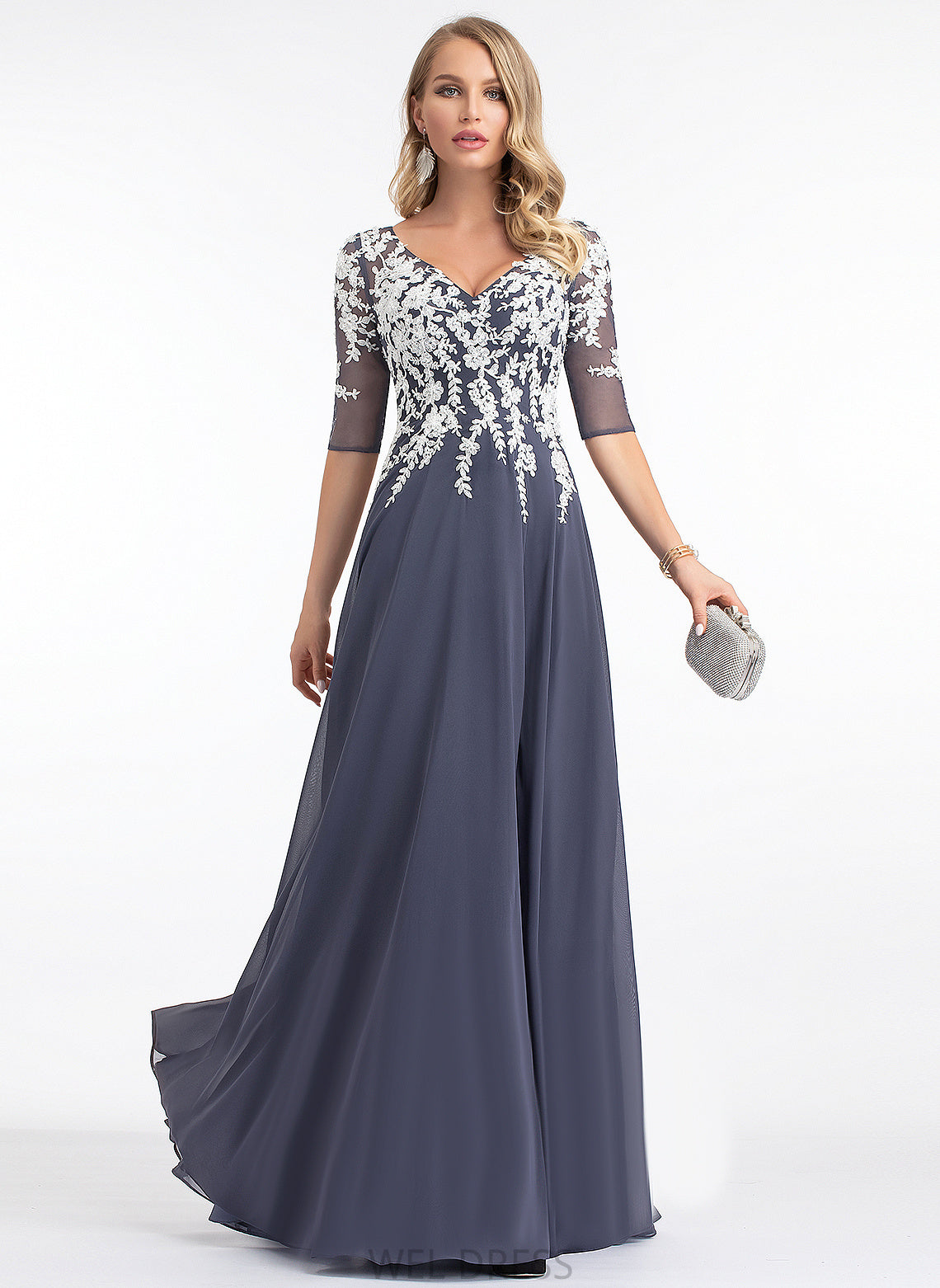 Juliet Floor-Length A-Line Lace Chiffon V-neck Prom Dresses